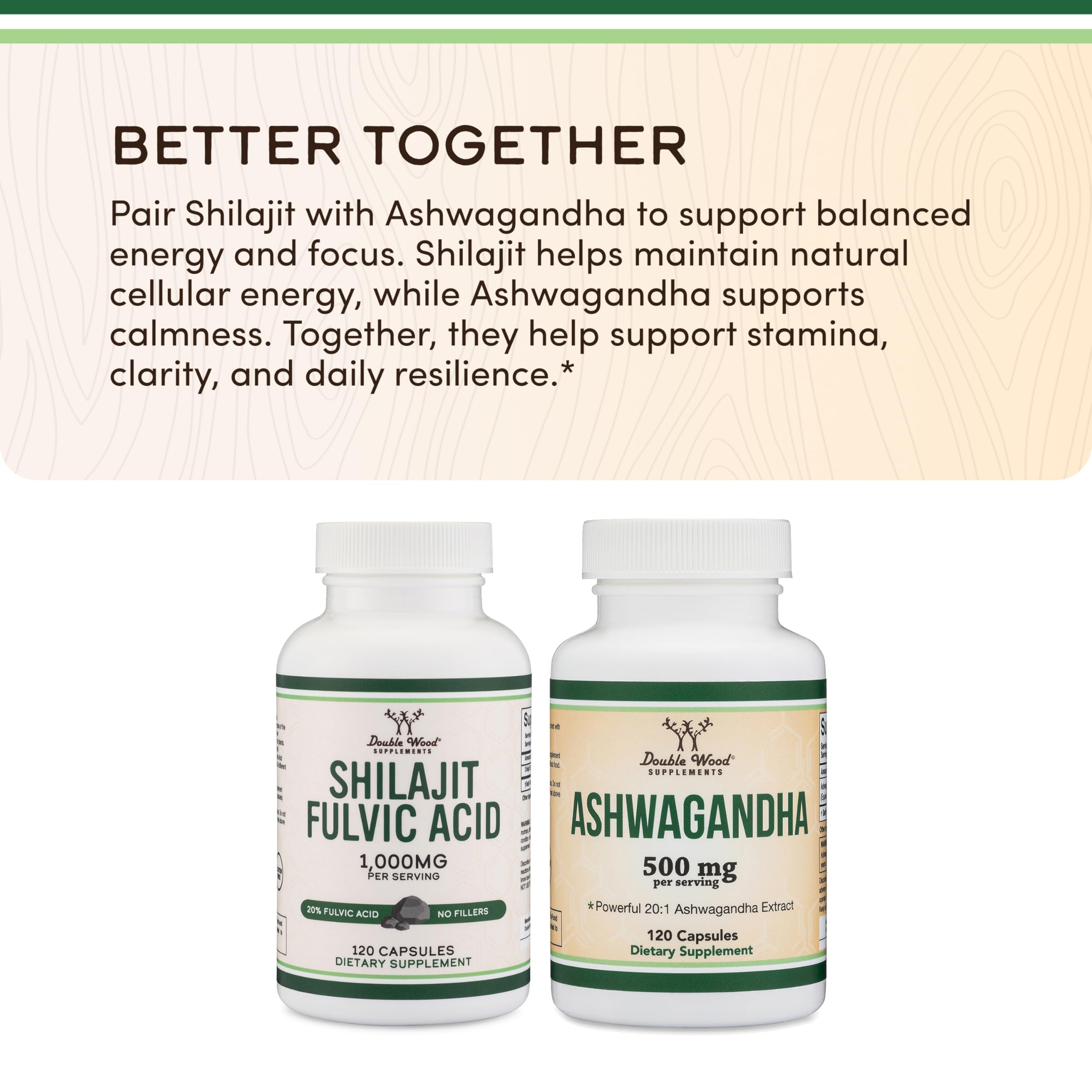 Étiquette Double Wood Shilajit, emballage clair et traçable.