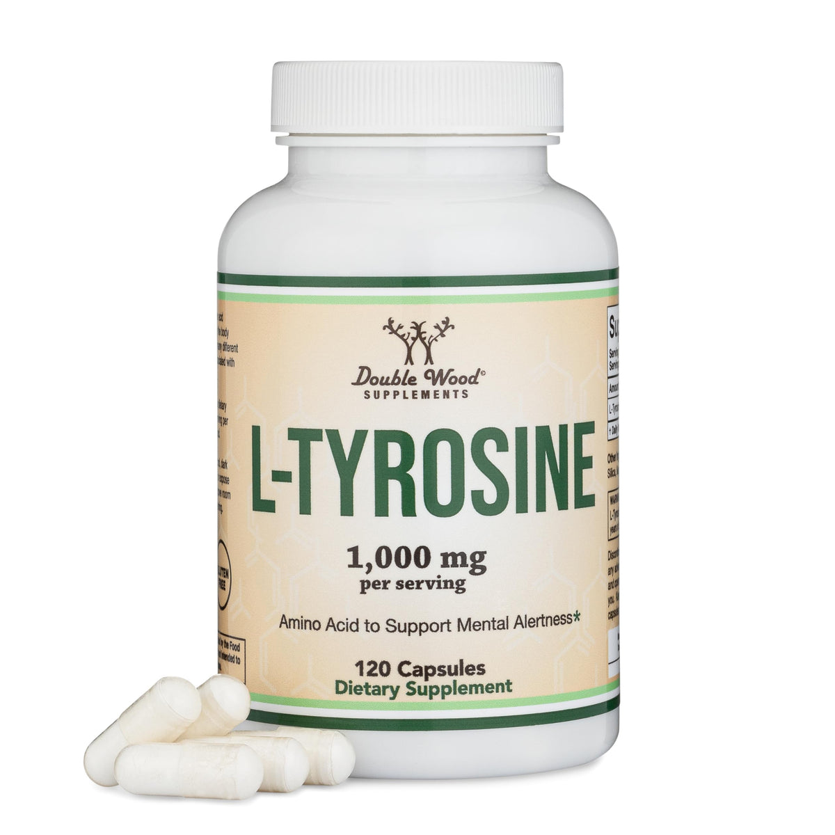 Double Wood L-Tyrosine 1000 mg, bouteille, peut soutenir mémoire et concentration.