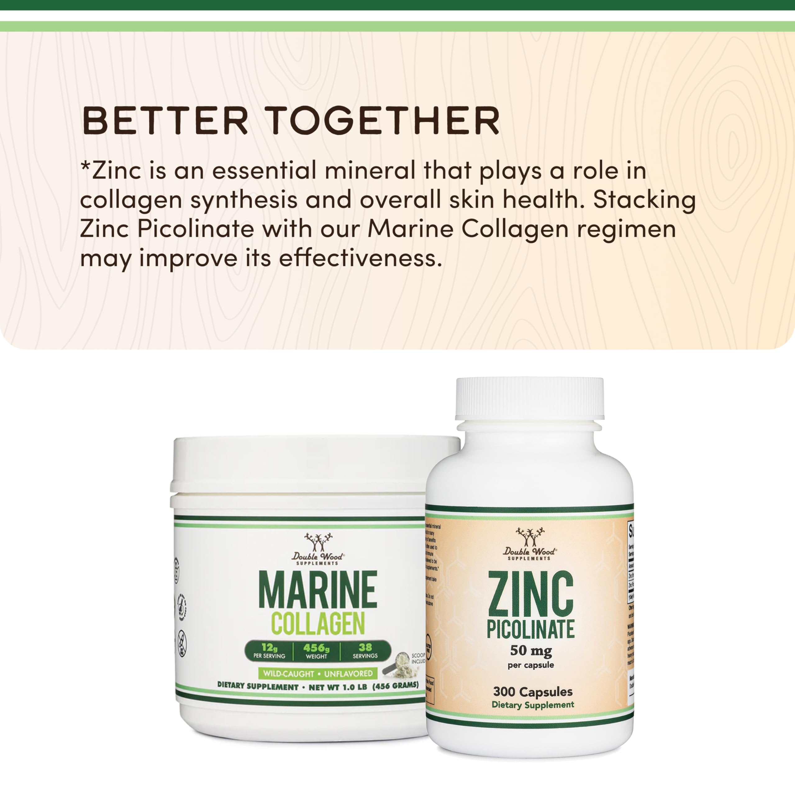 Double Wood Supplements doseur inclus mesurant environ 12 g par prise.