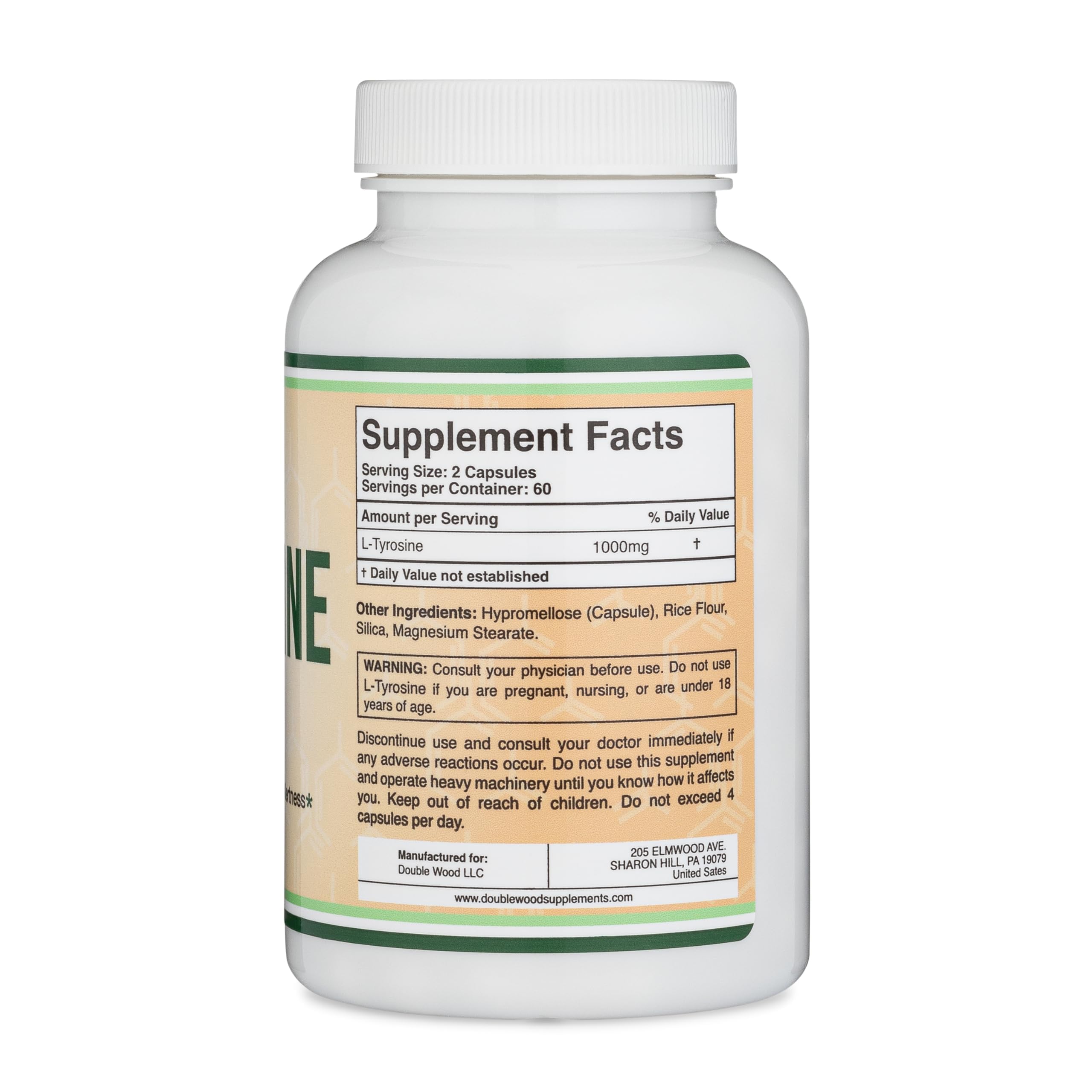 Étiquette Double Wood L-Tyrosine: traçabilité et informations claires.