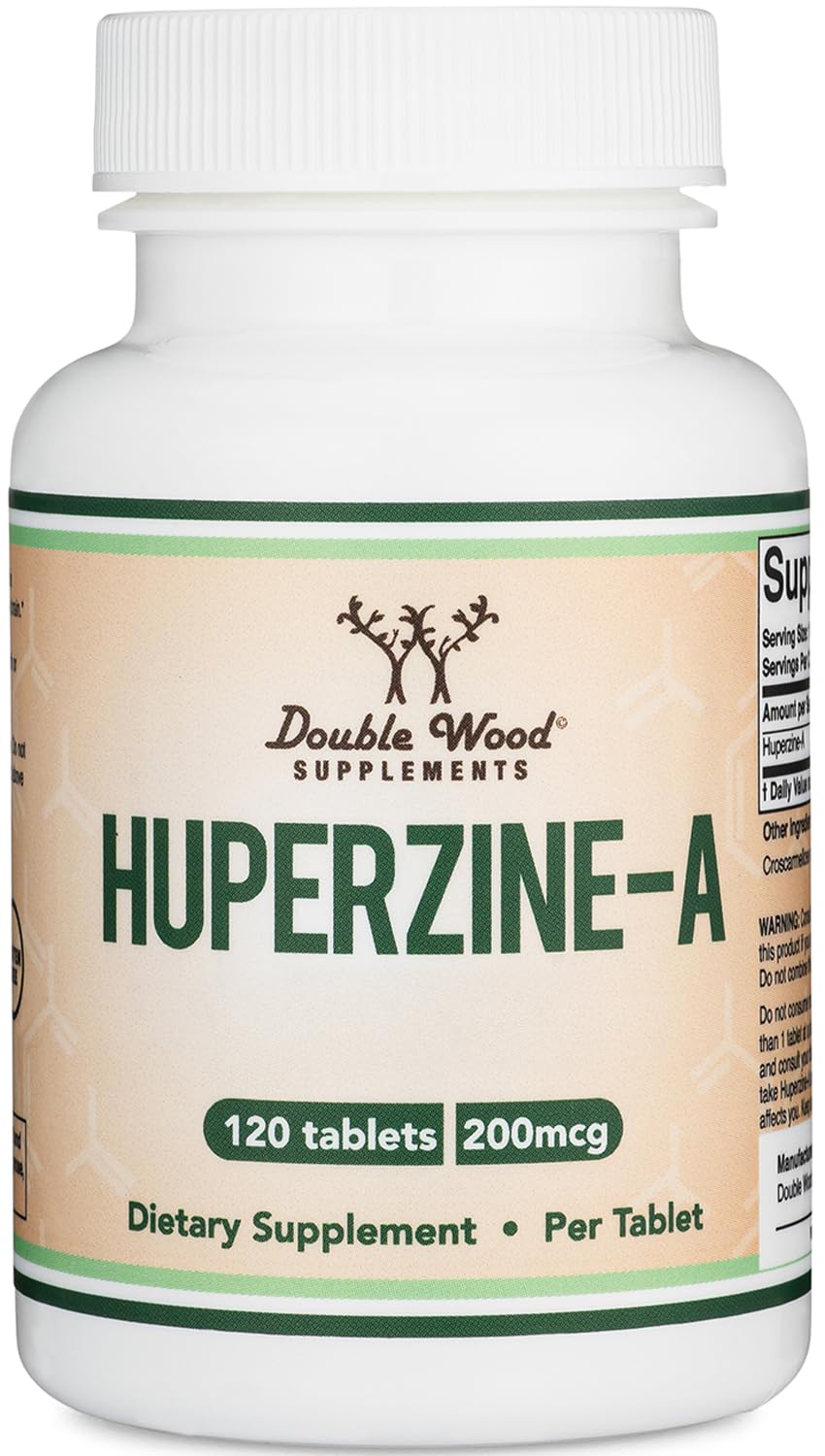 Double Wood Huperzine A : image de la bouteille et des tablettes pour la concentration potentielle.