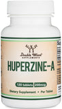Double Wood Huperzine A : image de la bouteille et des tablettes pour la concentration potentielle.