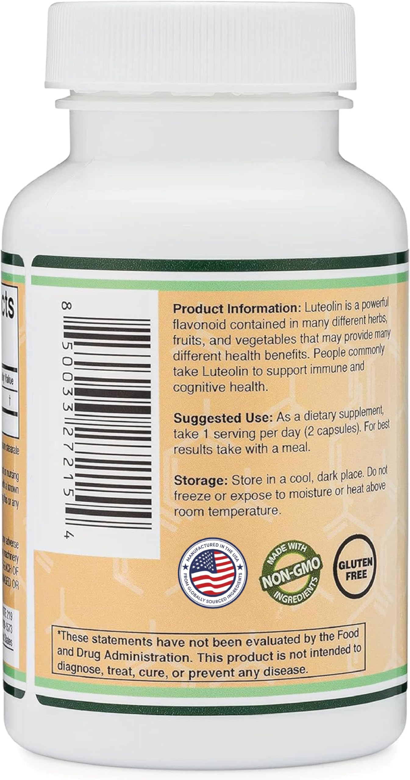 Double Wood Supplements Luteolin: dose quotidienne proposée, facile à intégrer au rituel santé.