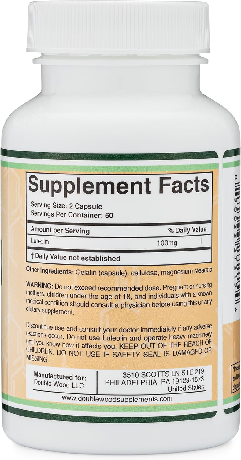 Double Wood Supplements Luteolin: étiquette lisible et traçabilité des ingrédients assurant la qualité.