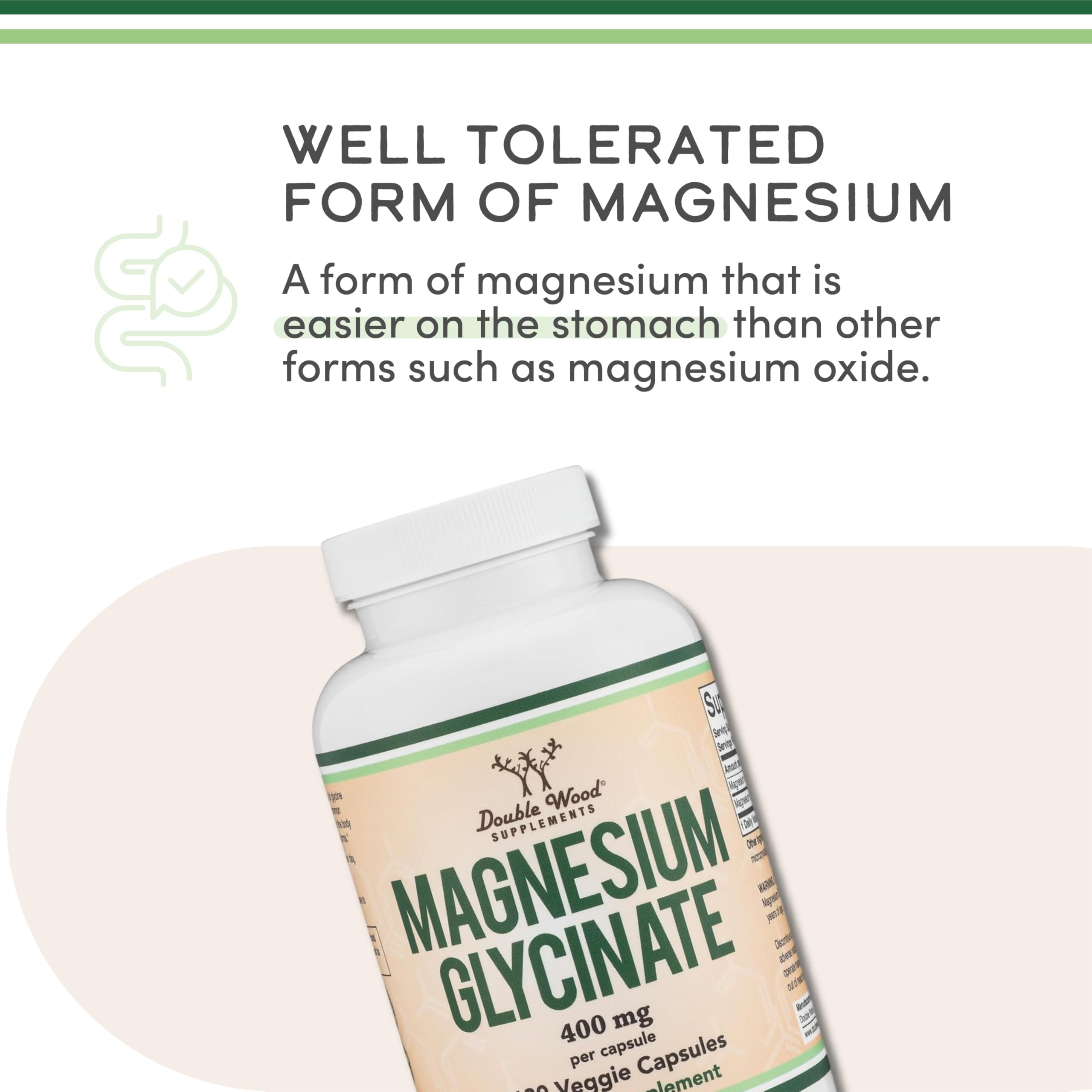 Étiquette du Double Wood Magnésium Glycinate 400 mg – informations claires sur les ingrédients.