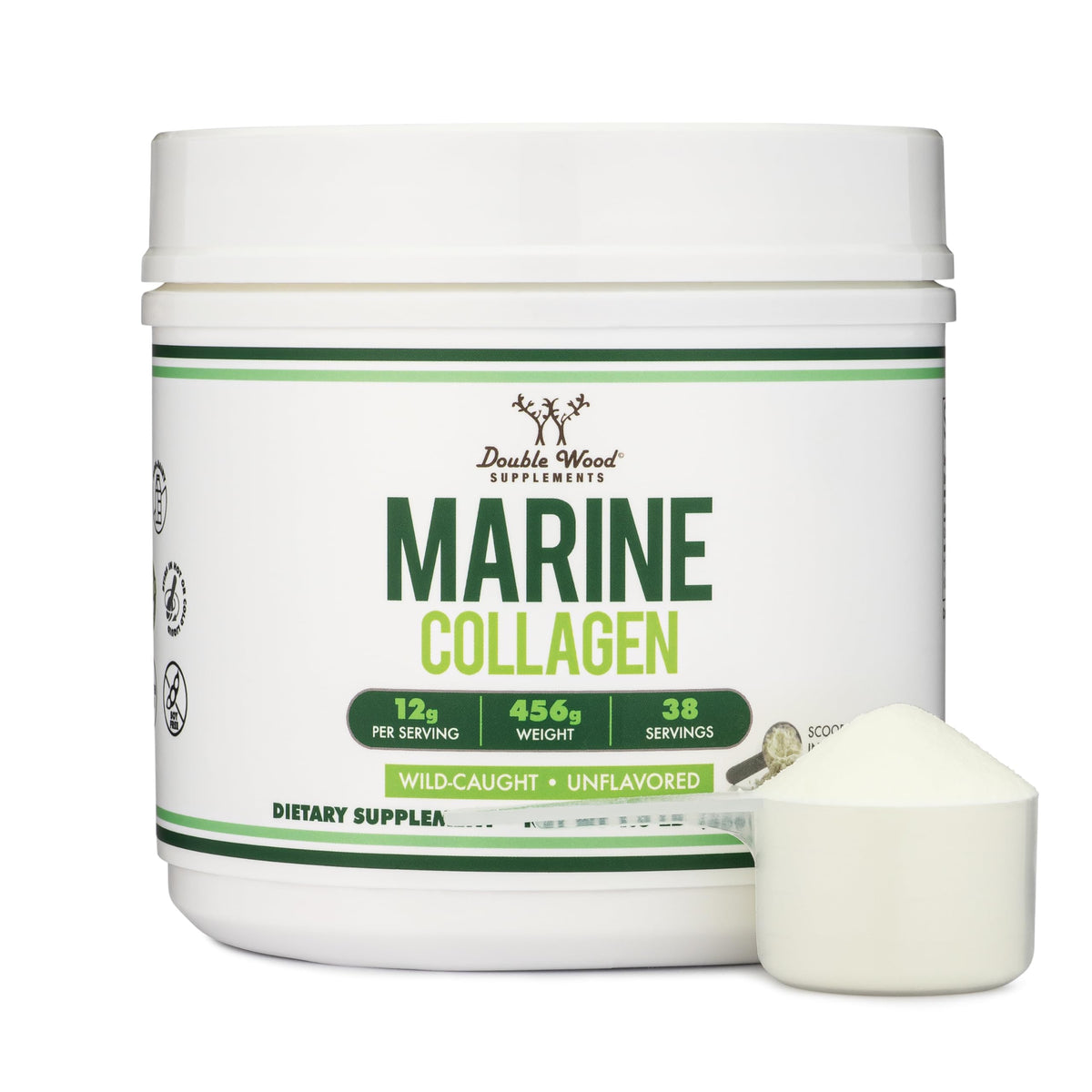 Double Wood Supplements poudre de collagene marin non aromatee, ideale pour boissons quotidiennes.