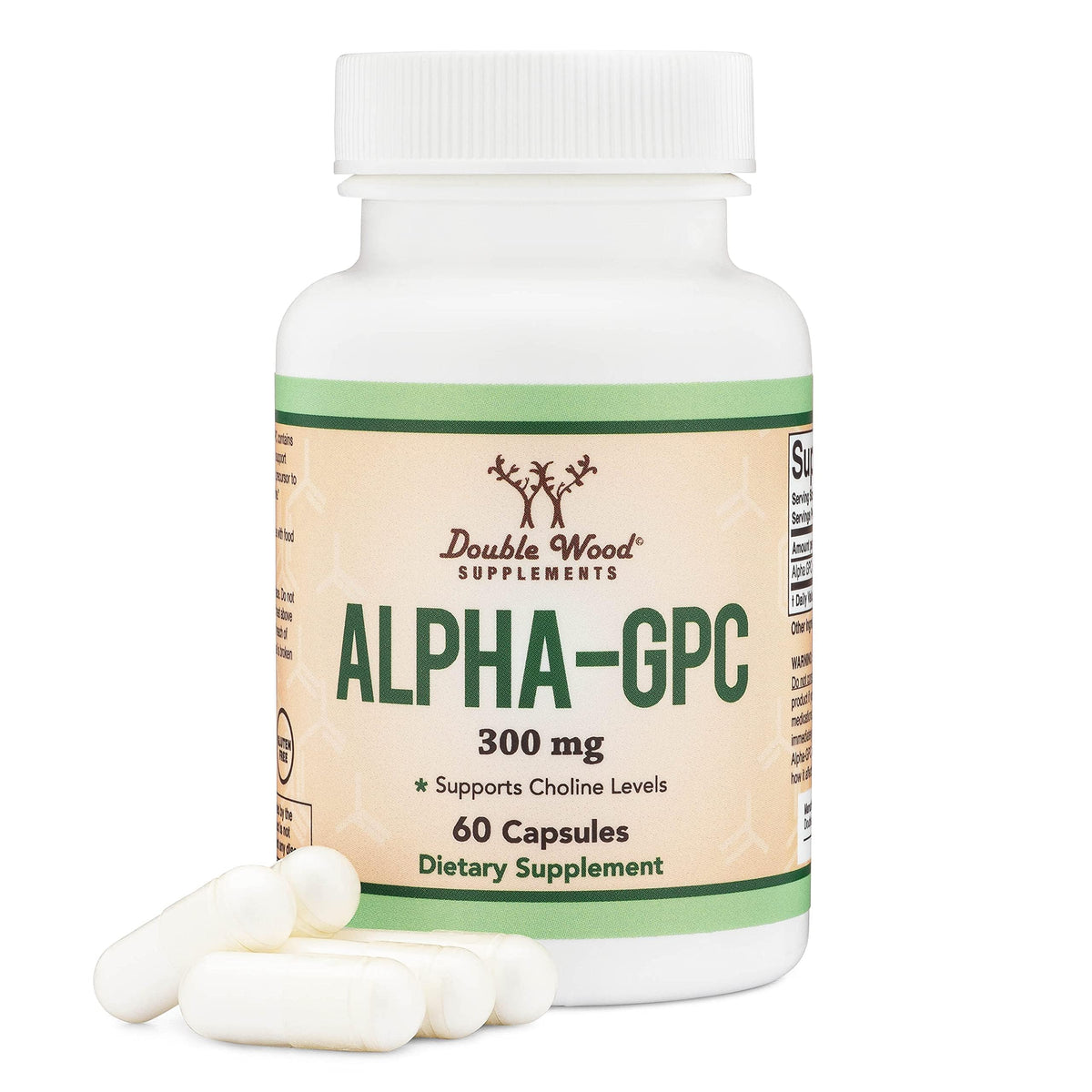 Alpha GPC Double Wood dans une bouteille, soutien potentiel mémoire et concentration.