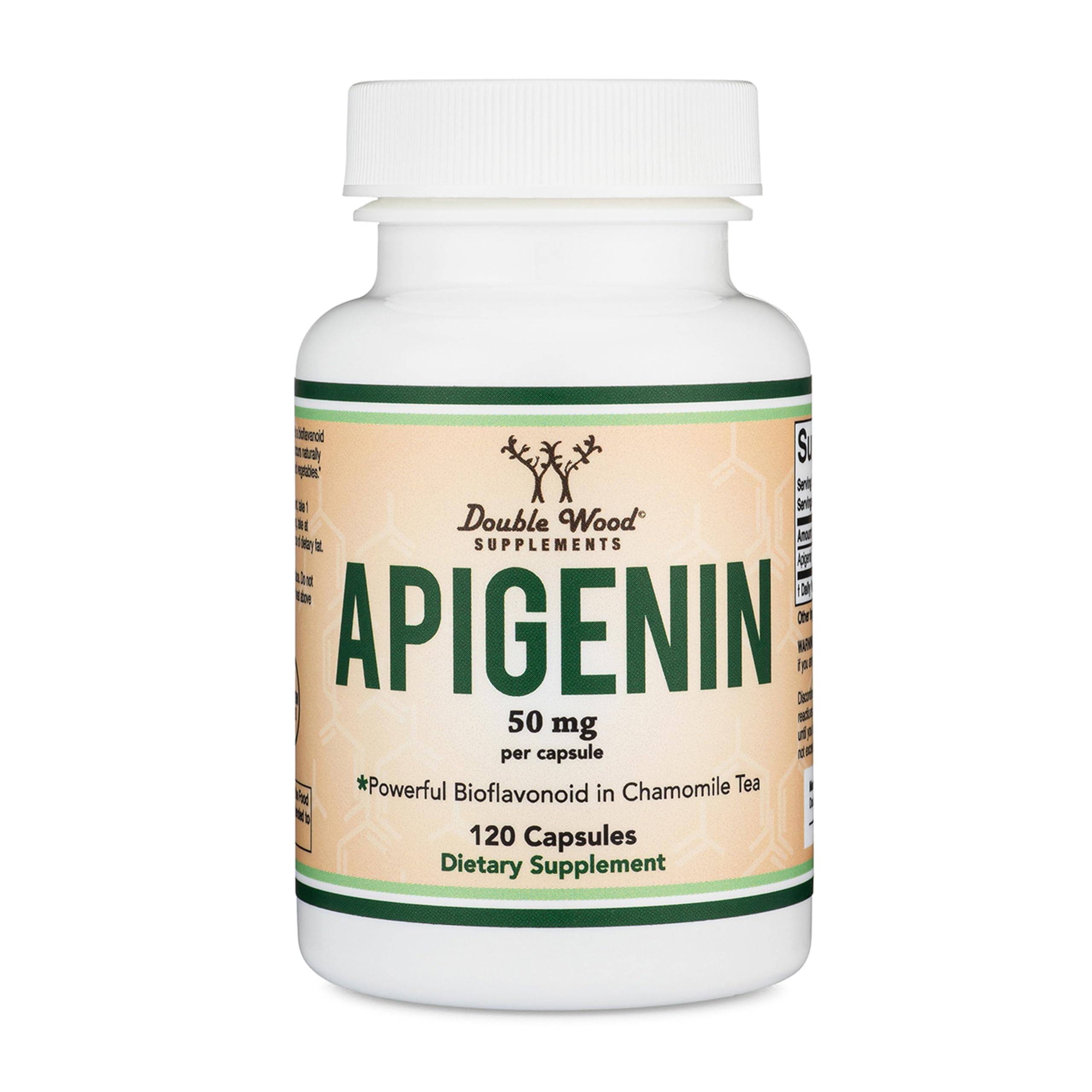 Double Wood Apigénine 50 mg en gélules dans une bouteille, soutien potentiel à la relaxation.