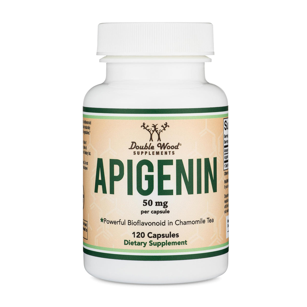 Double Wood Apigénine 50 mg en gélules dans une bouteille, soutien potentiel à la relaxation.
