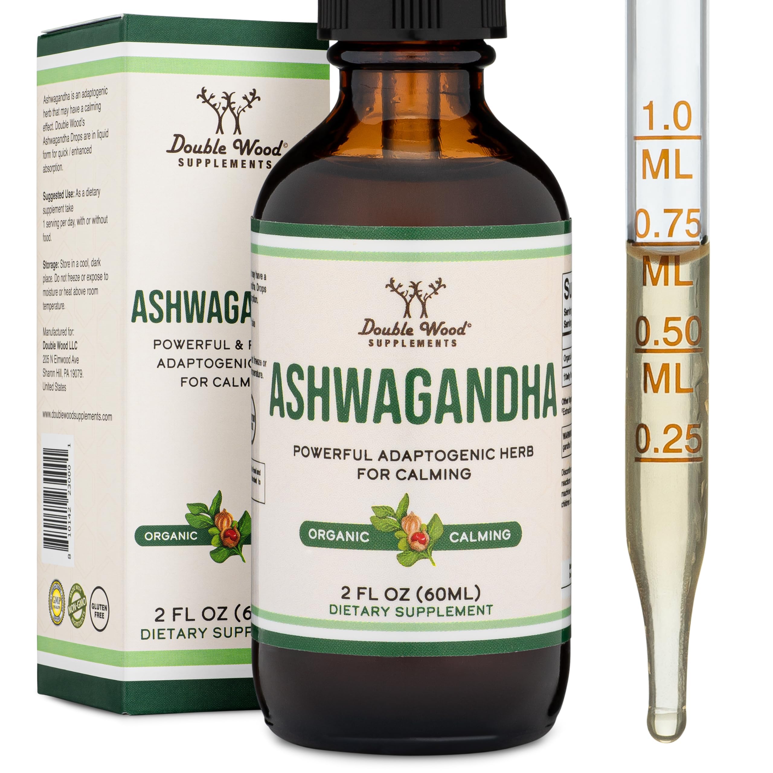 Double Wood Ashwagandha gouttes bouteille, format pratique pour dosage quotidien.