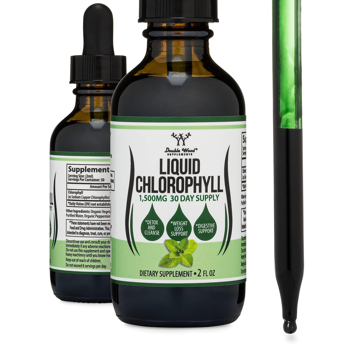 Gouttes de chlorophylle Double Wood menthe-eau : intégration facile dans l'eau matinale.