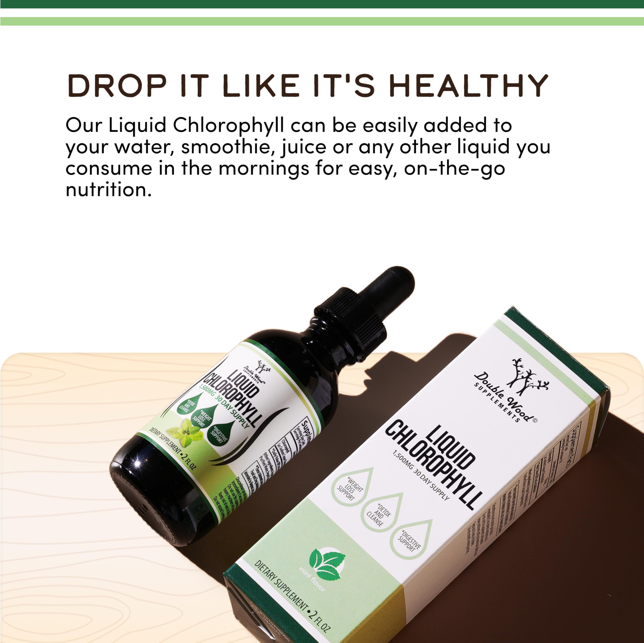 Double Wood chlorophylle gouttes menthe-jus: pratique pour digestion et bien-être.