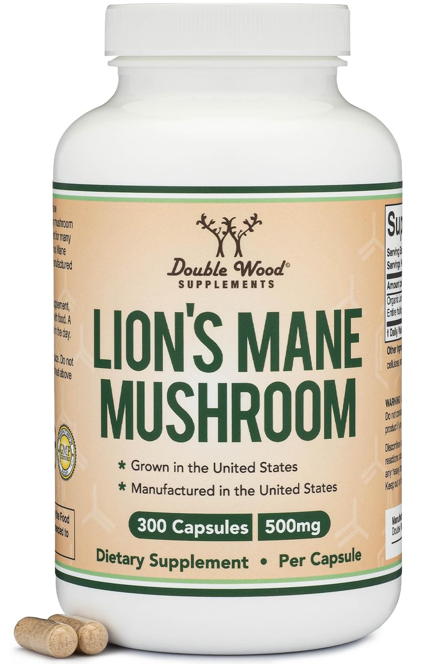 Capsules Lion's Mane Double Wood dans le flacon, soutien potentiel à la concentration.