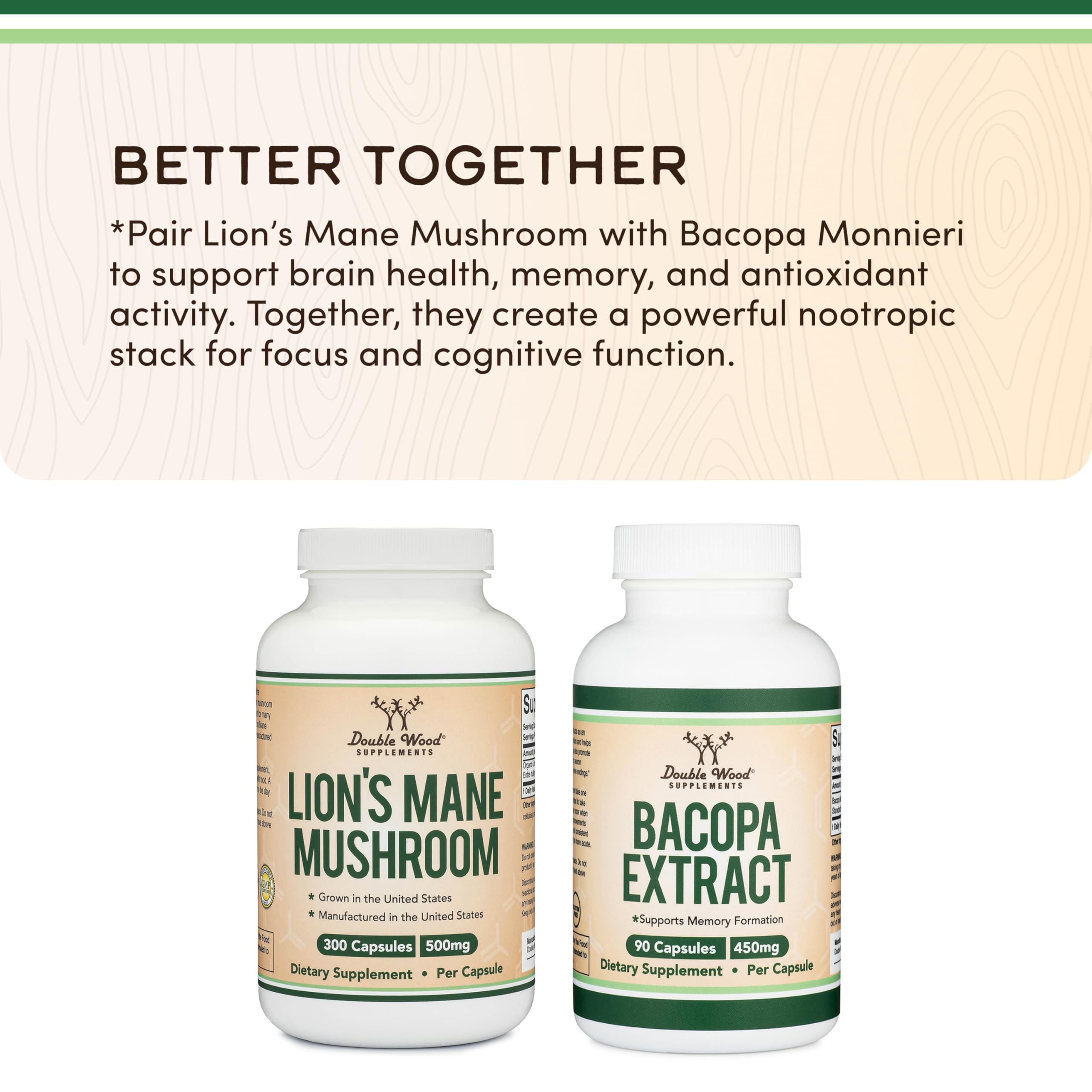 Capsules Lion’s Mane Double Wood avec un verre d’eau, routine quotidienne.