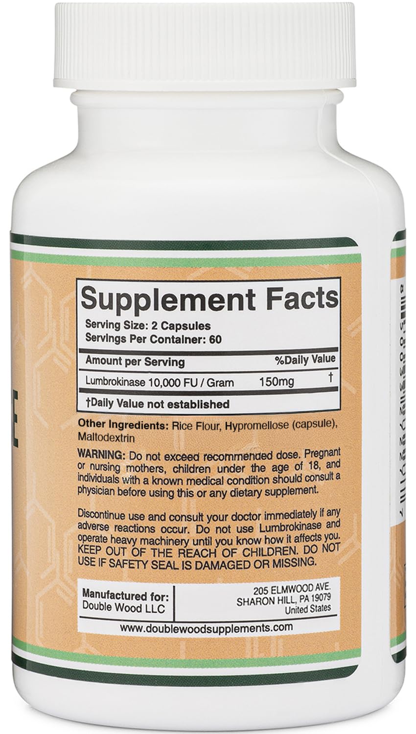 Étiquette Double Wood Lumbrokinase claire, indiquant dosage et certifications pour l'utilisation quotidienne.