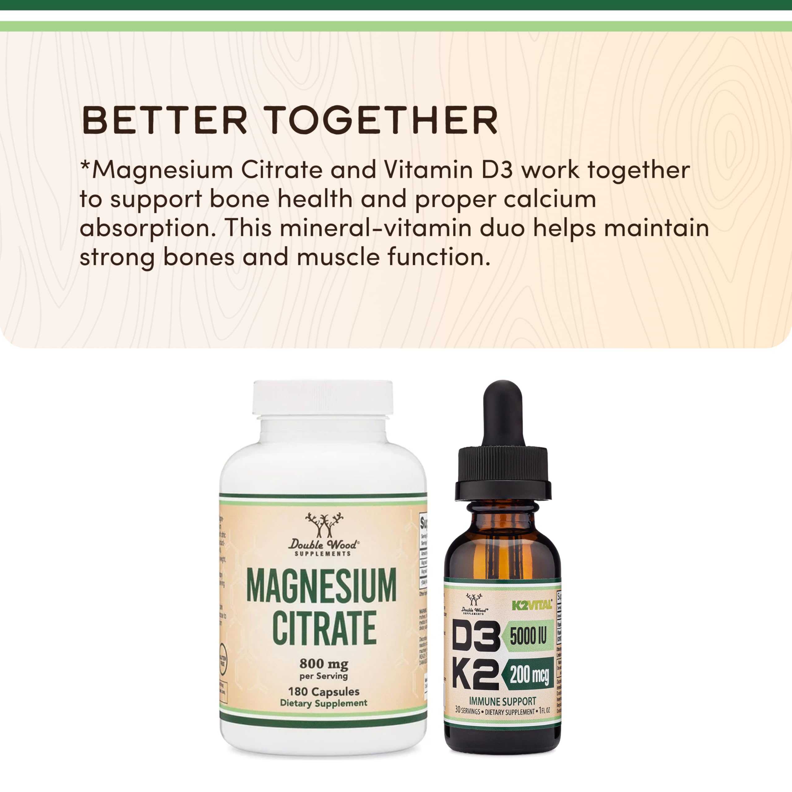 Double Wood Magnésium Citrate 800 mg – emballage US avec contrôle qualité.