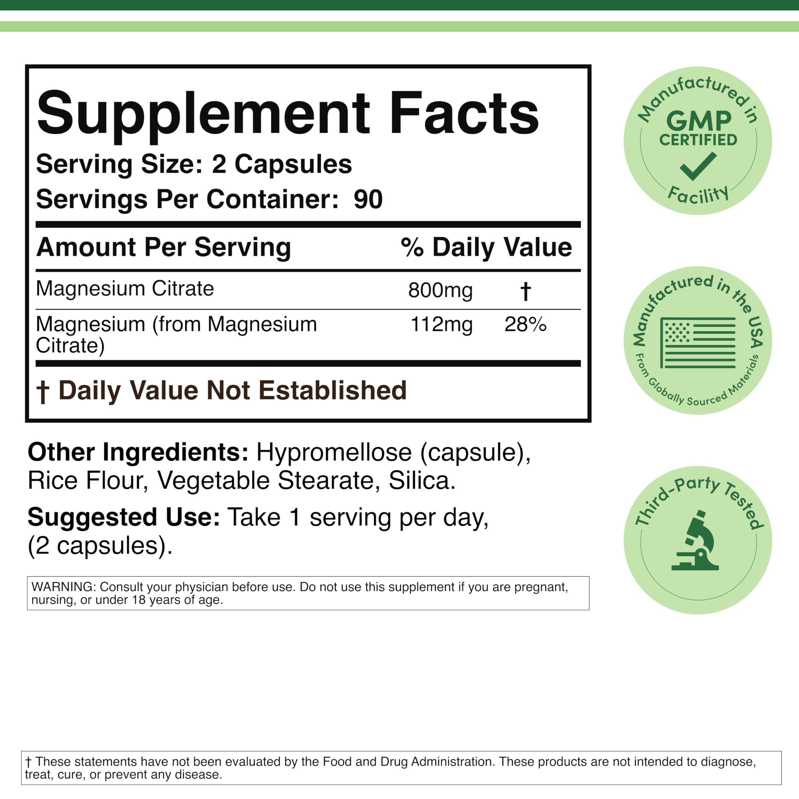 Double Wood Magnésium Citrate 800 mg – étiquette claire et informations pour vérifier ingrédients.