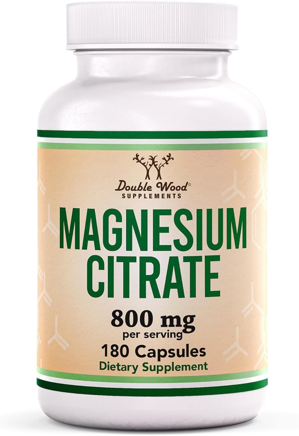 Double Wood Magnésium Citrate 800 mg – gelules dans flacon, soutien digestif potentiel.