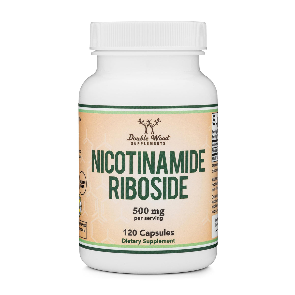 Double Wood Nicotinamide Riboside bouteille montrant le packaging et la prise potentielle en énergie.
