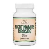Double Wood Nicotinamide Riboside bouteille montrant le packaging et la prise potentielle en énergie.