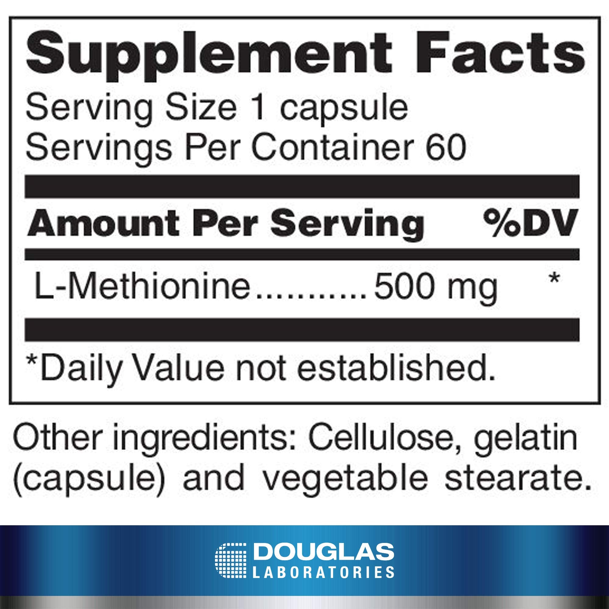 Douglas Laboratories L-Méthionine affiche l'étiquette-produit avec des informations claires sur le complément.