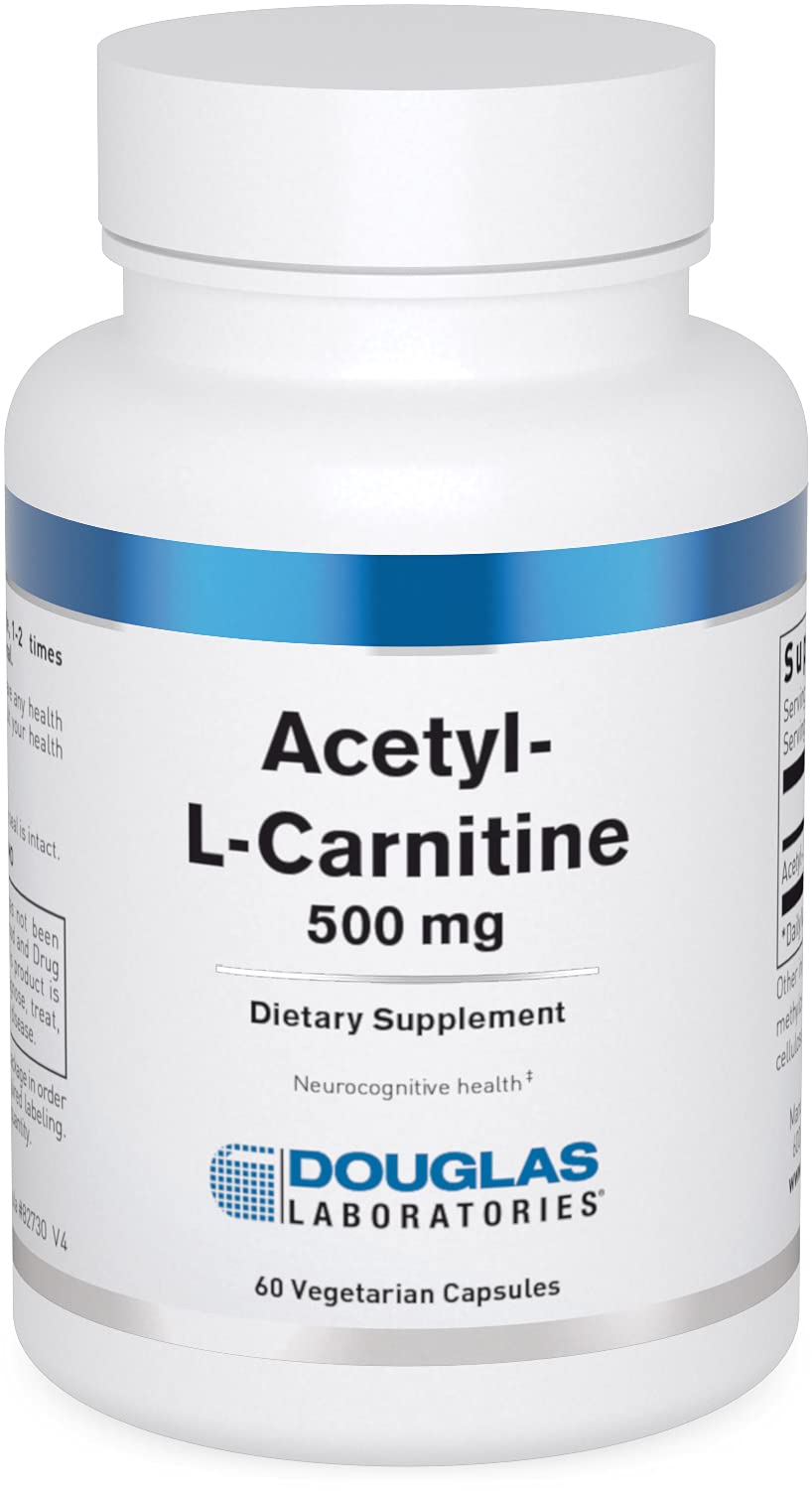 Douglas Laboratories Acétyl-L-Carnitine 500 mg, bouteille et gélules visibles, soutien potentiel du cerveau et des nerfs.
