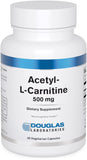 Douglas Laboratories Acétyl-L-Carnitine 500 mg, bouteille et gélules visibles, soutien potentiel du cerveau et des nerfs.