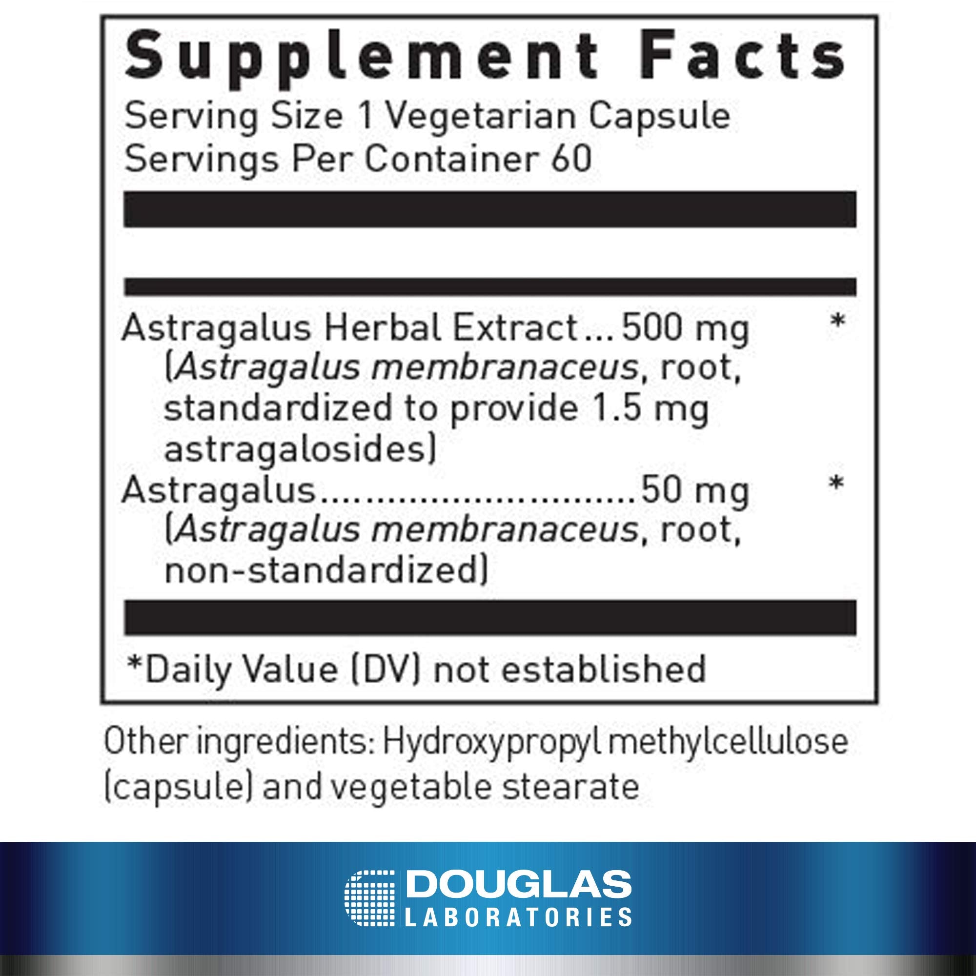 Douglas Laboratories Astragalus Max-V: etiquette claire, informations sur le soutien cardiovasculaire potentiel.