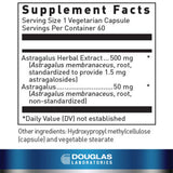 Douglas Laboratories Astragalus Max-V: etiquette claire, informations sur le soutien cardiovasculaire potentiel.
