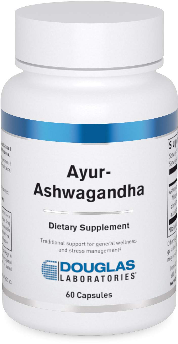 Douglas Laboratories Ayur-Ashwaganda, bouteille montrant les capsules, soutien potentiel d'énergie au quotidien.