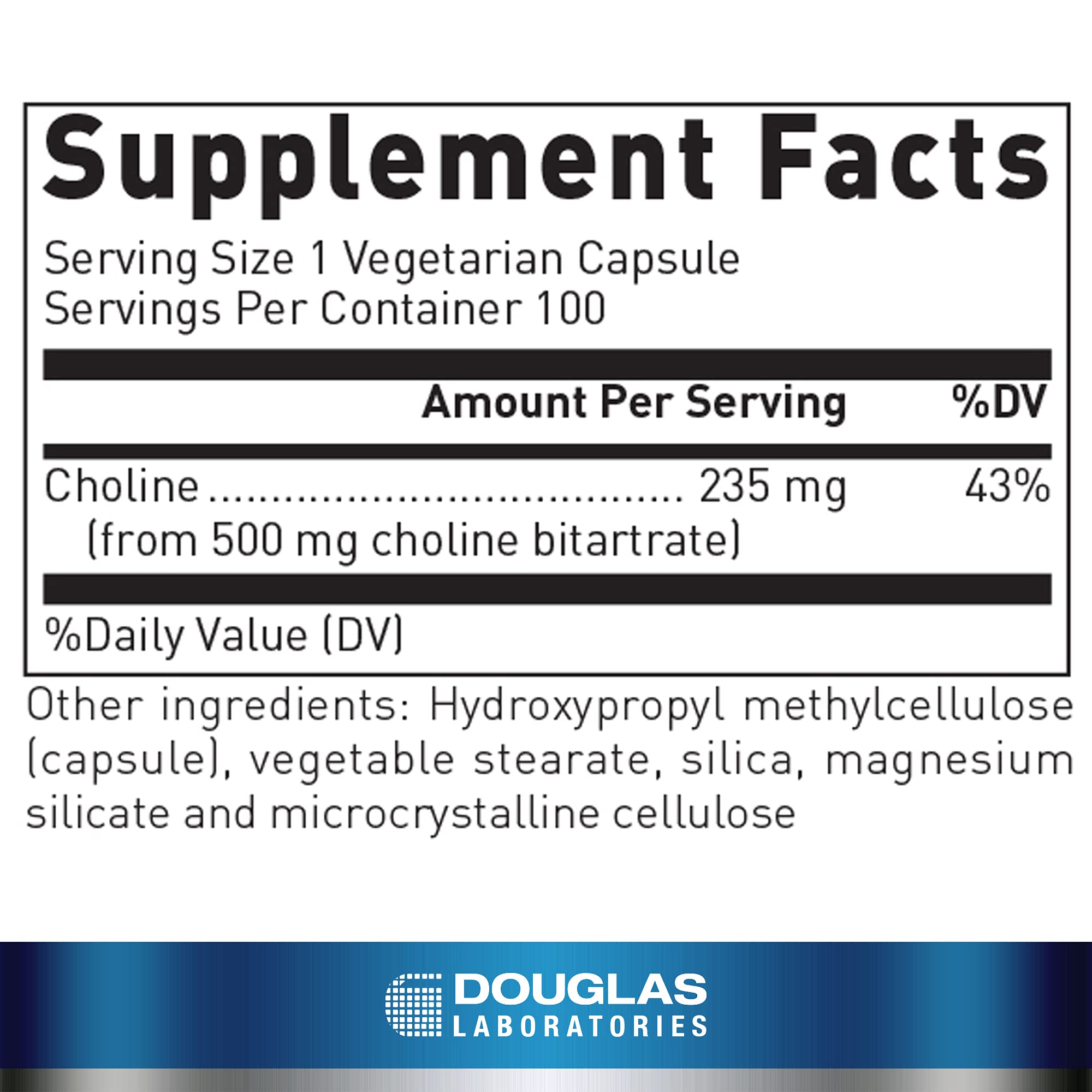 Douglas Laboratories Choline Bitartrate, etiquette: informations claires sur l'utilisation et les avantages.