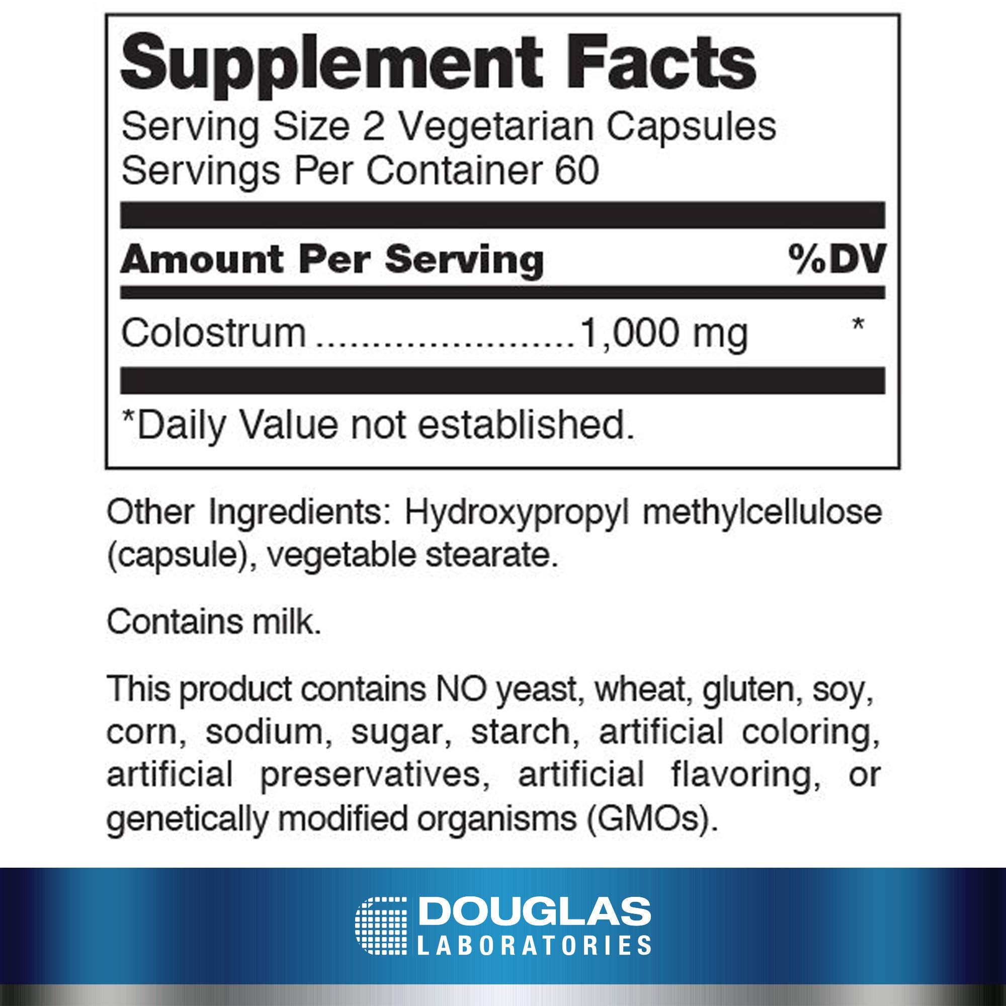 Colostrum Douglas Laboratories: capsules disposées, soutien digestif potentiel pour la vie active.