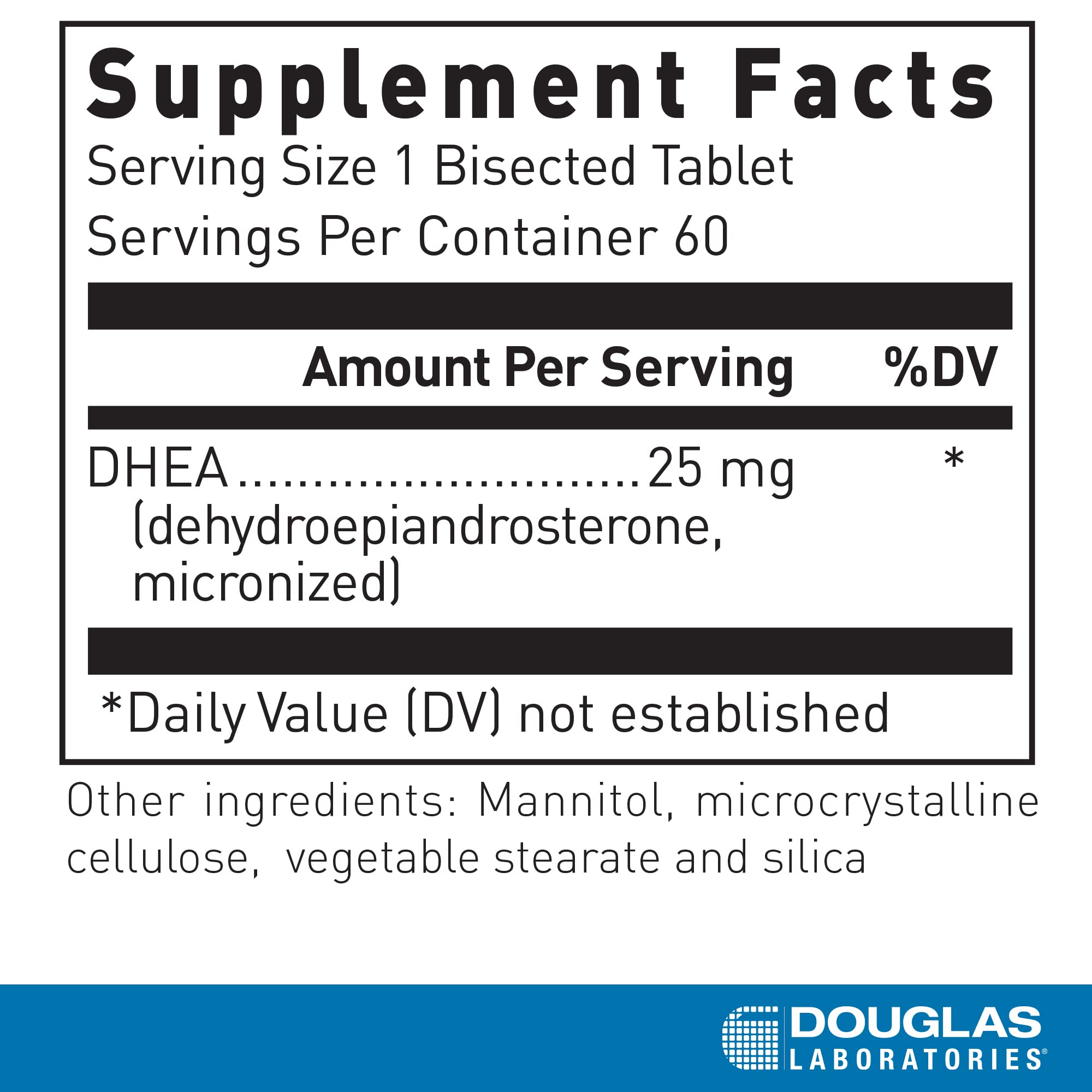 Boîte Douglas Laboratories DHEA 25 mg avec 60 comprimés pour routine quotidienne.