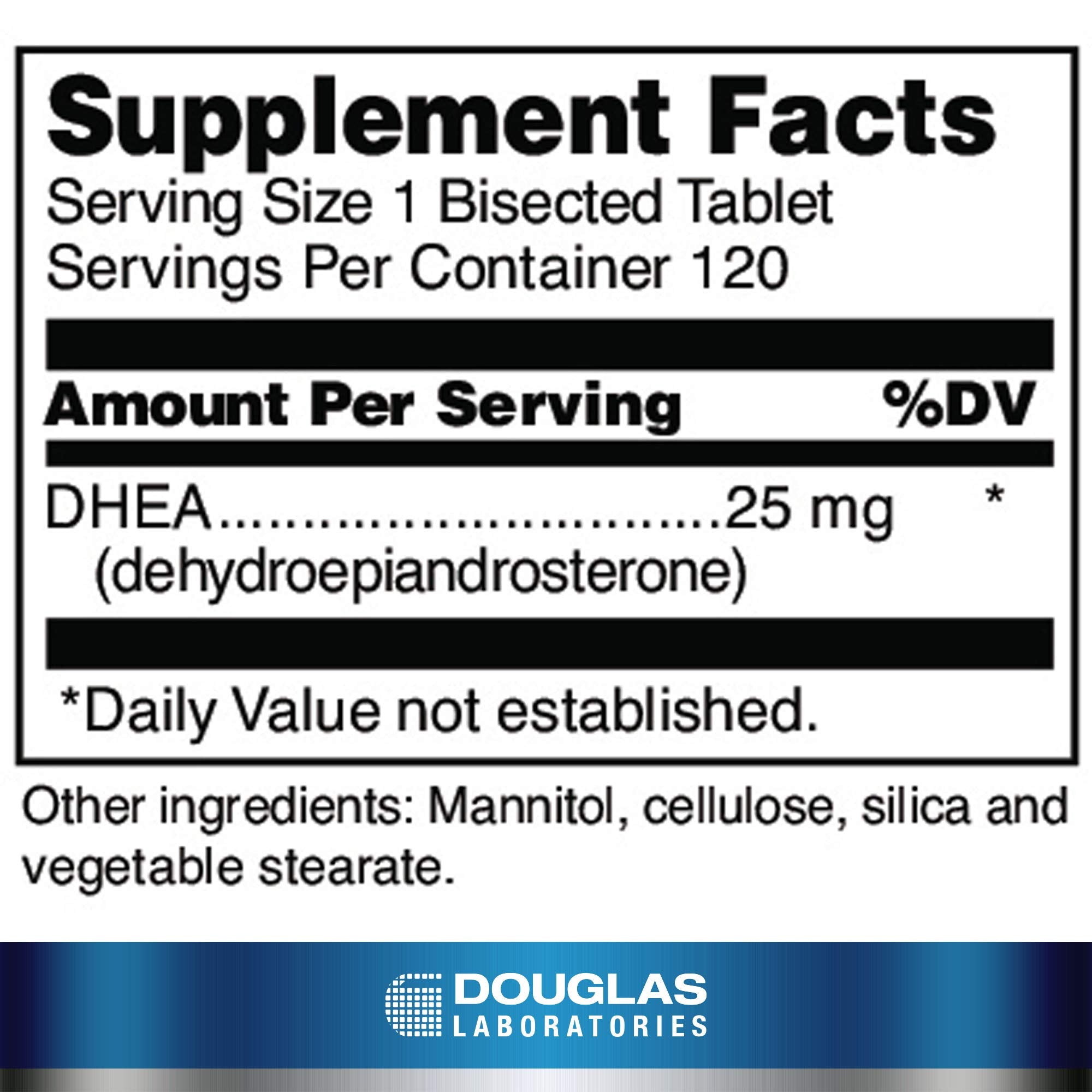 Douglas Laboratories DHEA 25 mg - etiquette sur la bouteille, facilité d'identification