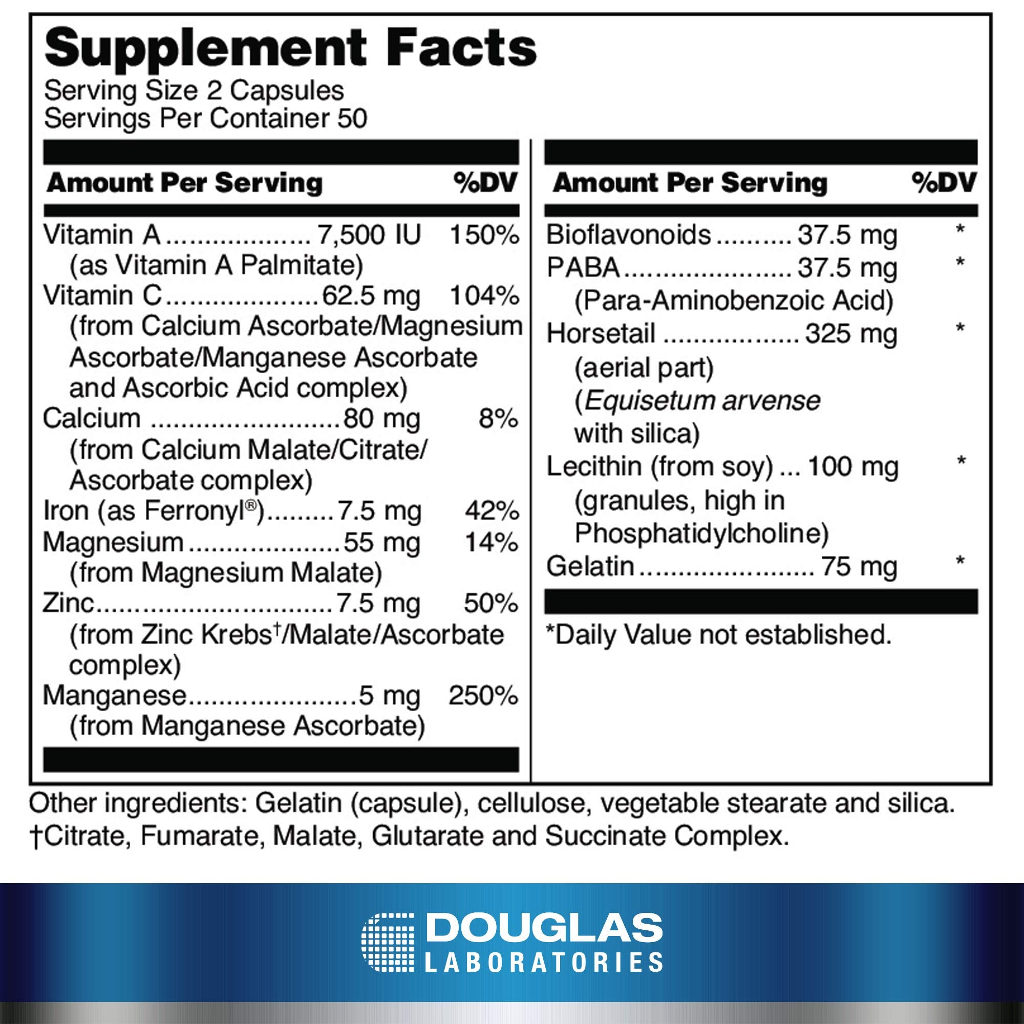 Douglas Laboratories Hair, Skin & Nail Plus: capsules visibles pour une routine nutritionnelle des ongles.