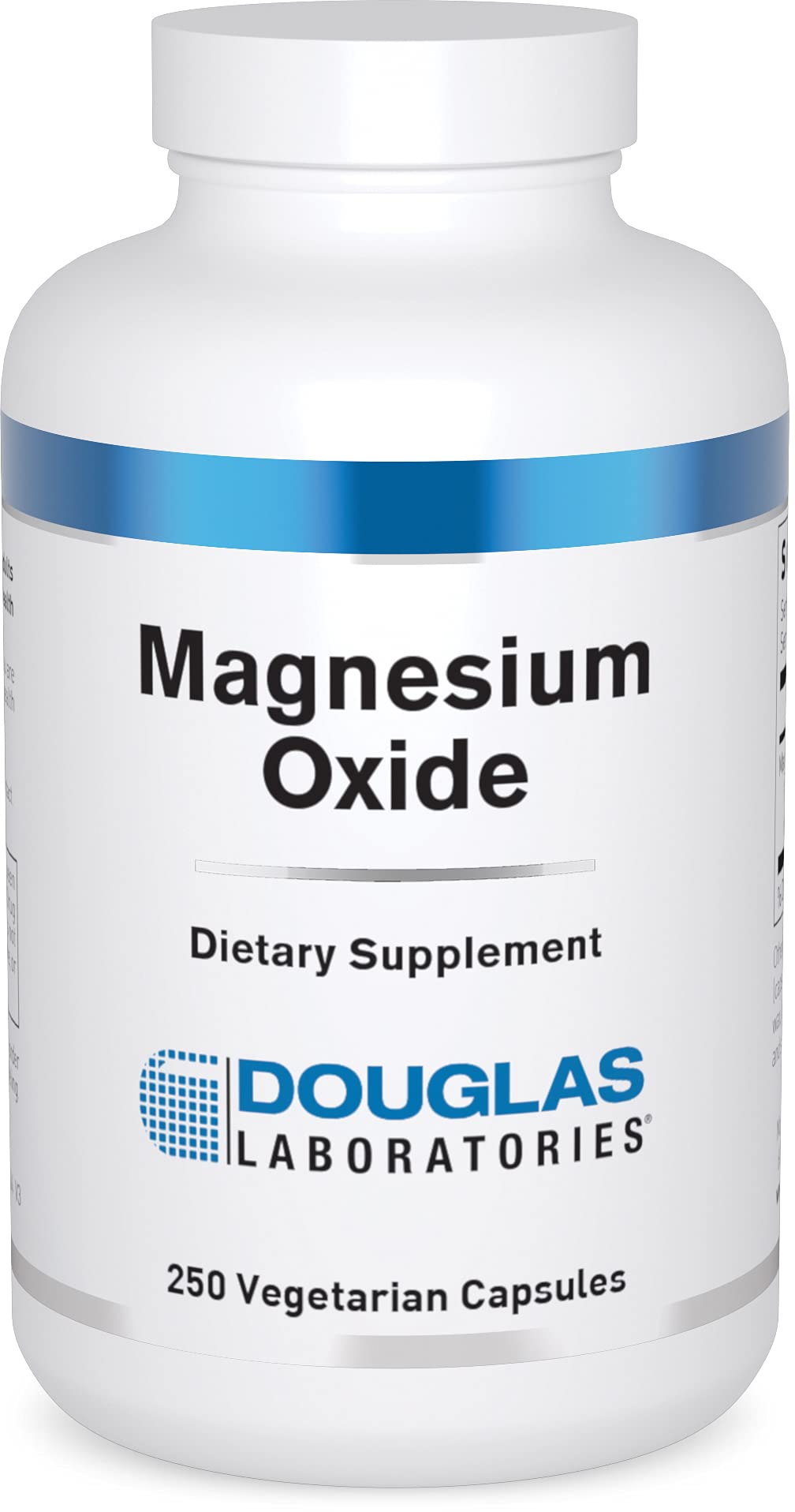 Douglas Laboratories Magnésium oxyde capsules visibles en boîte, soutien potentiel cœur et os.