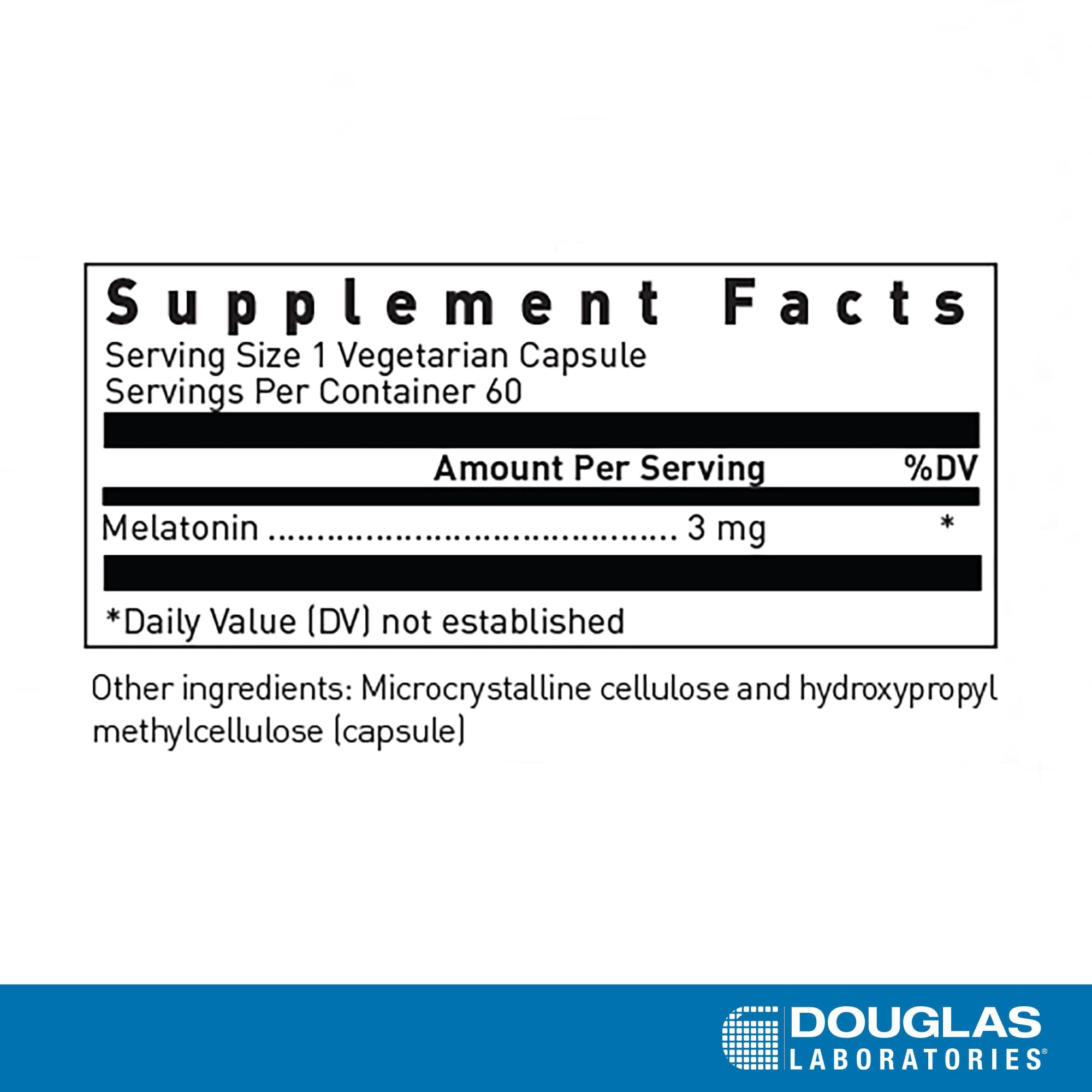 Mélatonine 3 mg de Douglas Laboratories, capsules visibles, favorise les cycles veille-sommeil.