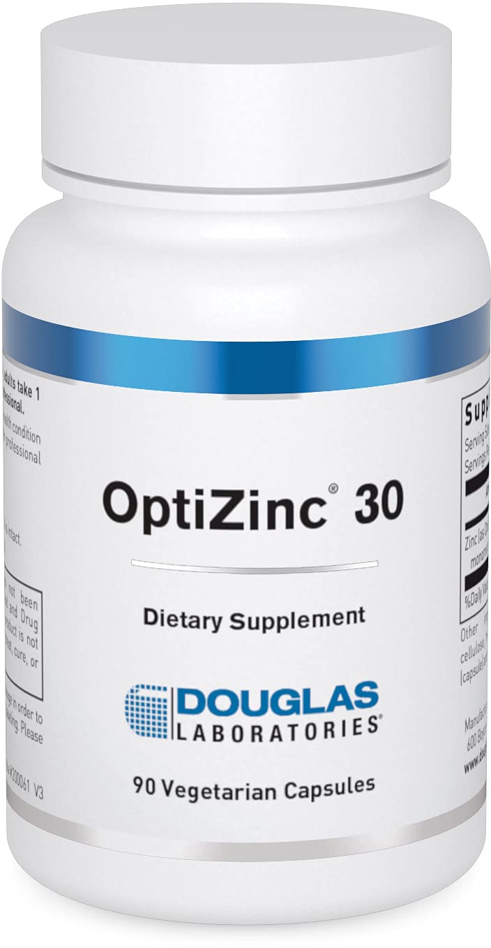 Douglas Laboratories Opti Zinc 30 mg — bouteille et capsules, soutien immunitaire potentiel.