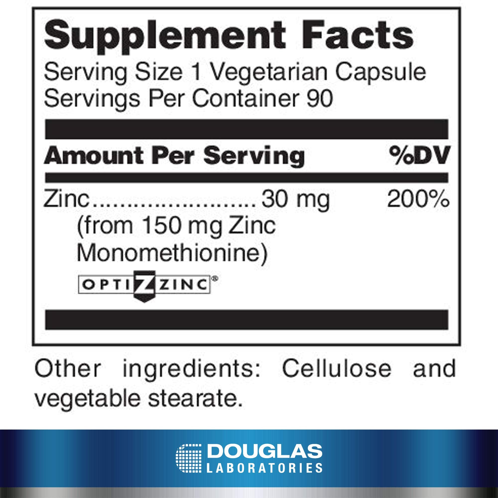 Étiquette Opti Zinc 30 mg montrant le dosage et les informations essentielles.