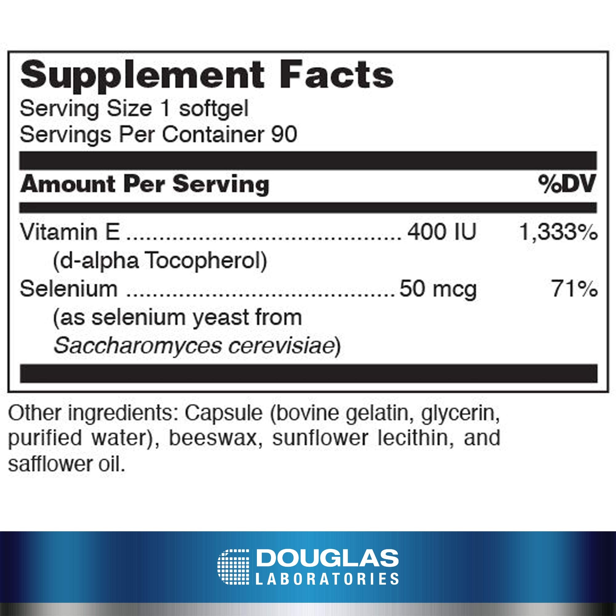 Douglas Laboratories Sélénium et Vitamine E, vue rapprochée de l'étiquette, complément quotidien