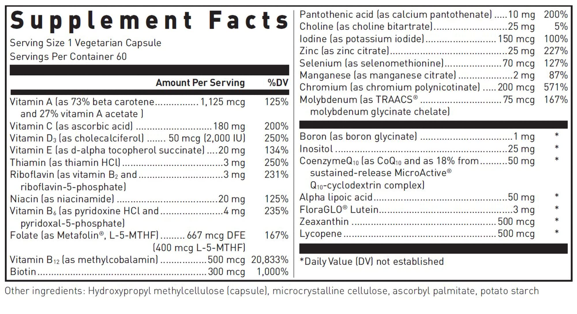 Gélules de Douglas Laboratories Ultra Preventive 1 Daily, apport potentiel de nutriments essentiels.