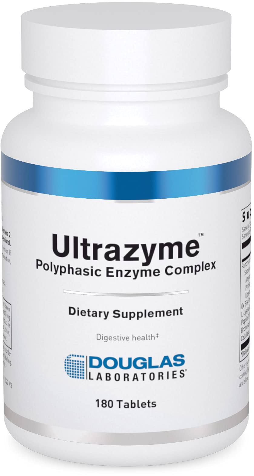 Ultrazyme Douglas Laboratories, flacon et comprimés favorisant la digestion des protéines et des glucides.