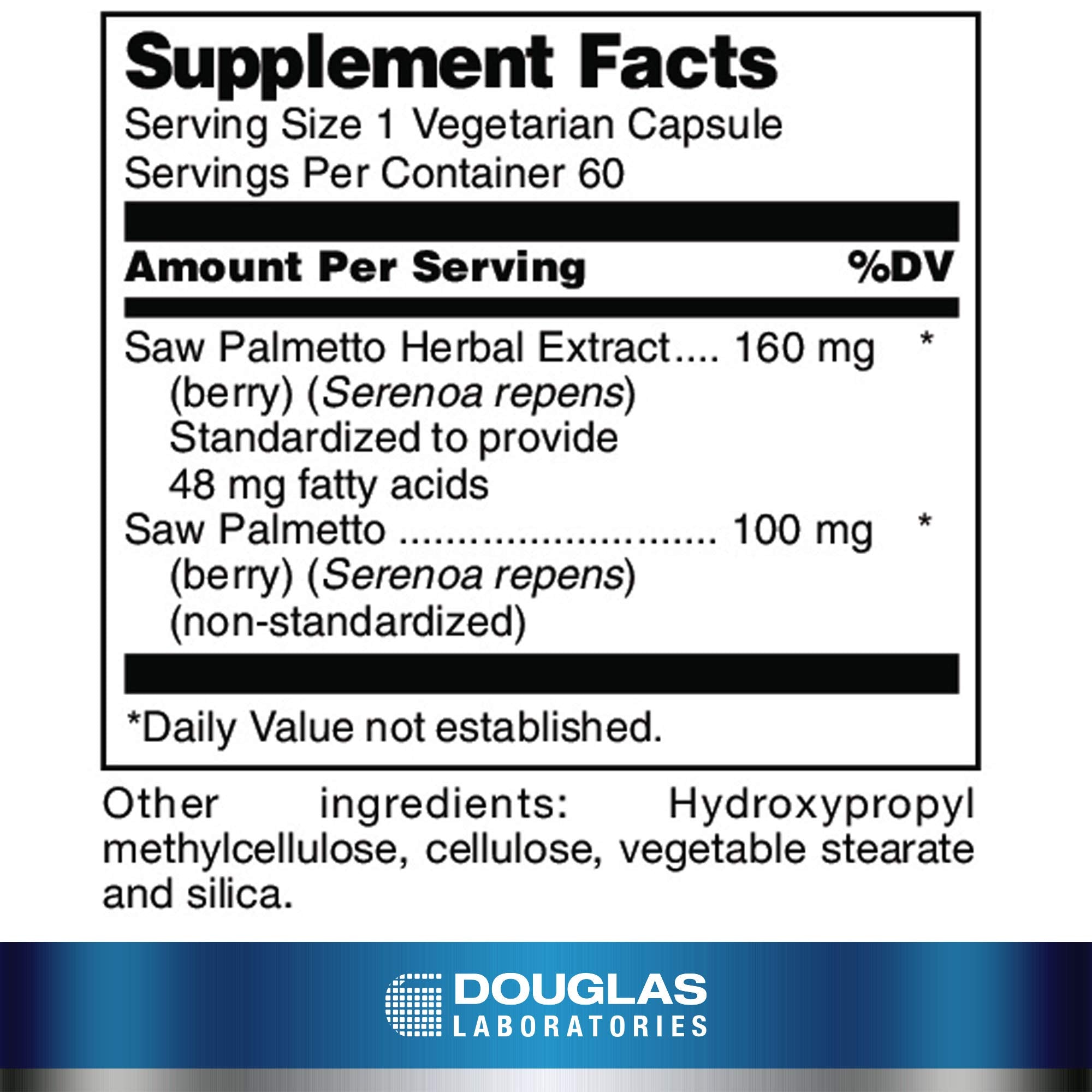 Étiquette claire de Douglas Laboratories Saw Palmetto Max-V indiquant dosage et composants.