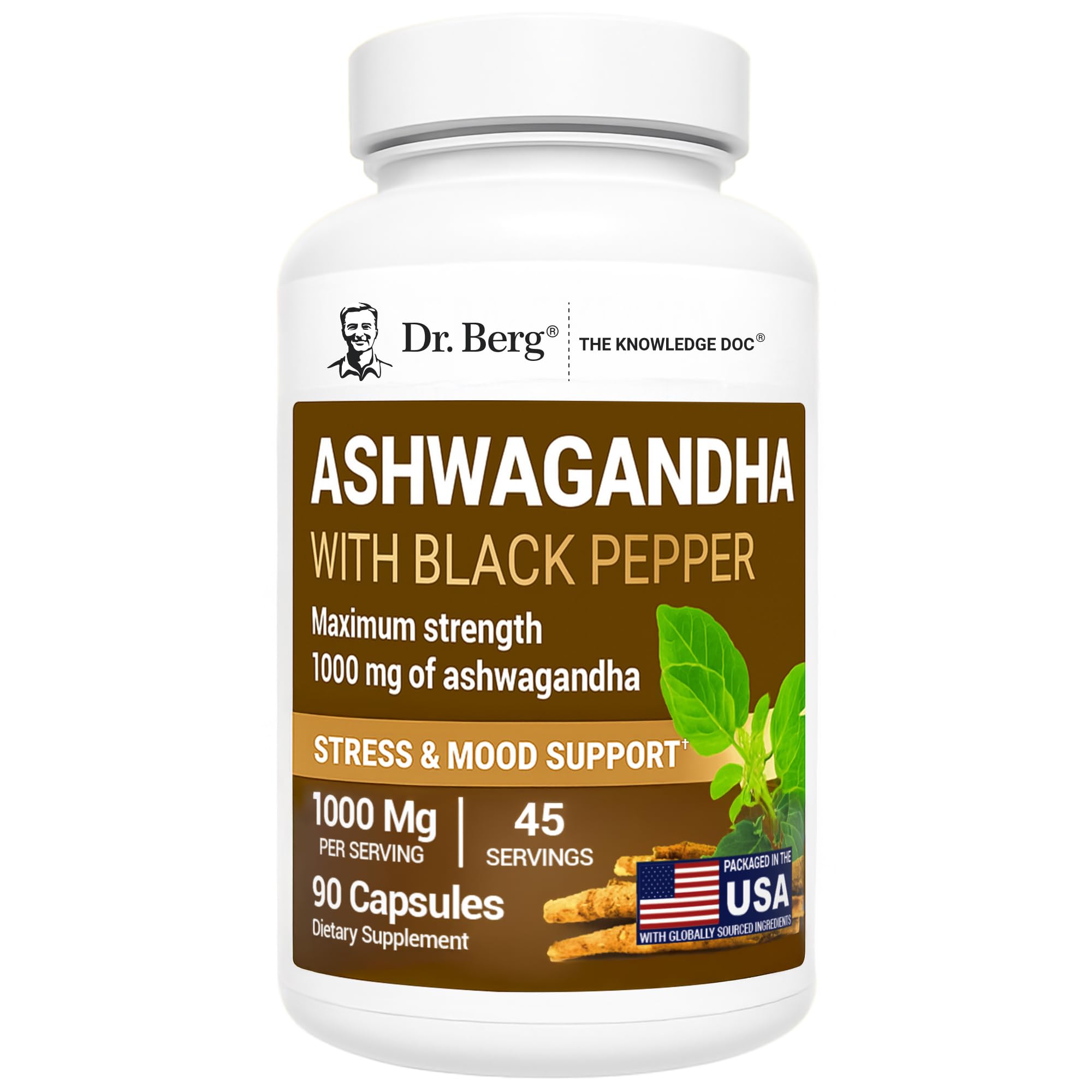 Dr. Berg Ashwagandha 1000 mg – Bouteille prête à l’emploi pour votre routine quotidienne.