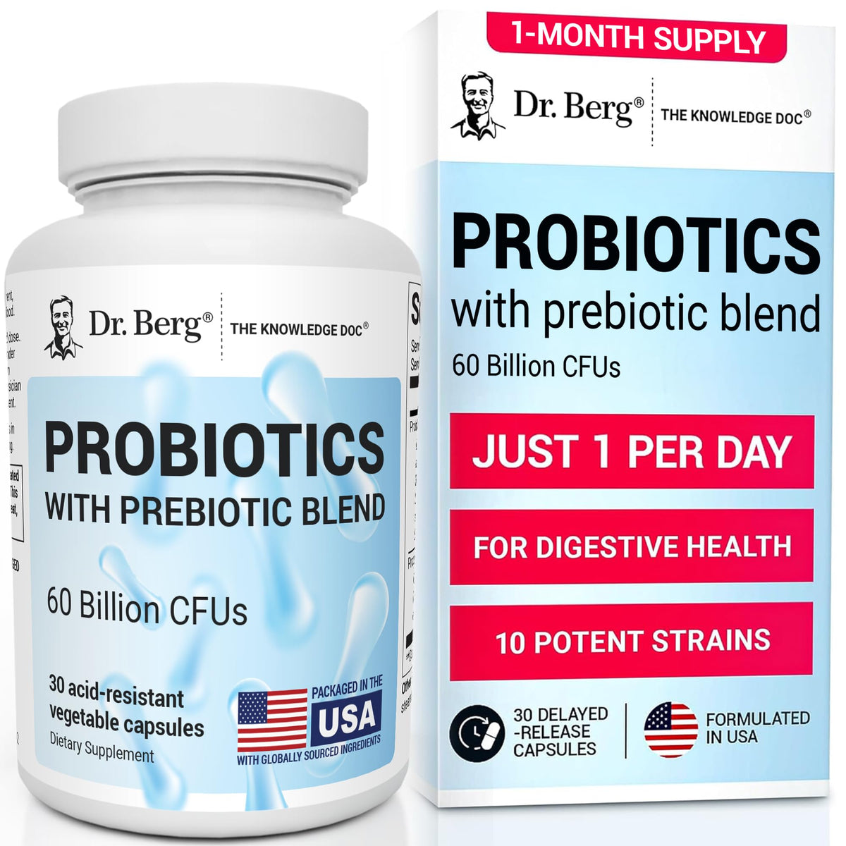 Dr. Berg Probiotique – bouteille affichant 60 milliards CFU, soutien digestif potentiel.