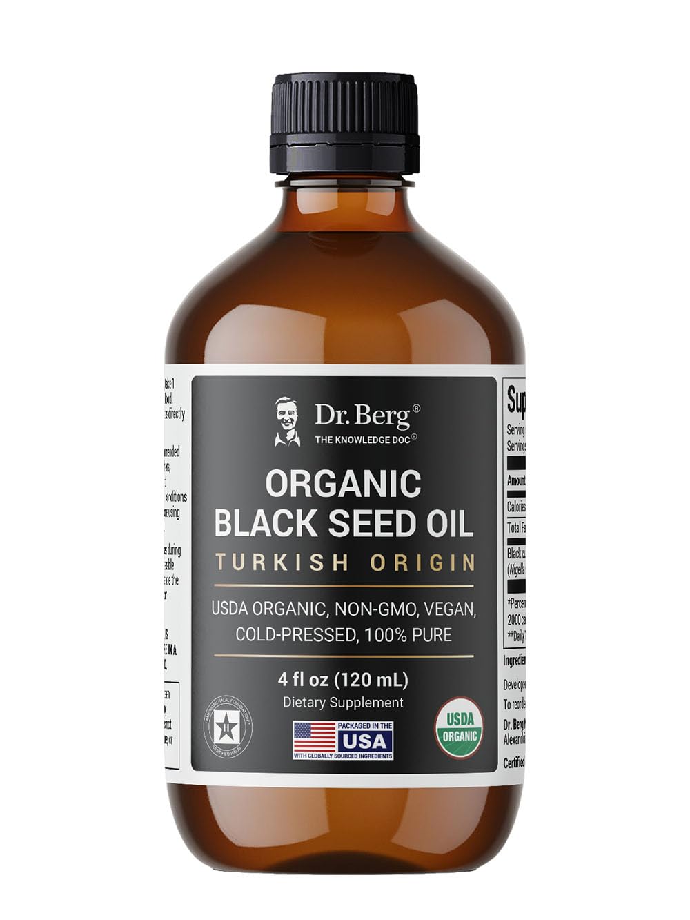Dr. Berg huile noire de nigelle dans une bouteille en verre ambré, conservation optimale.