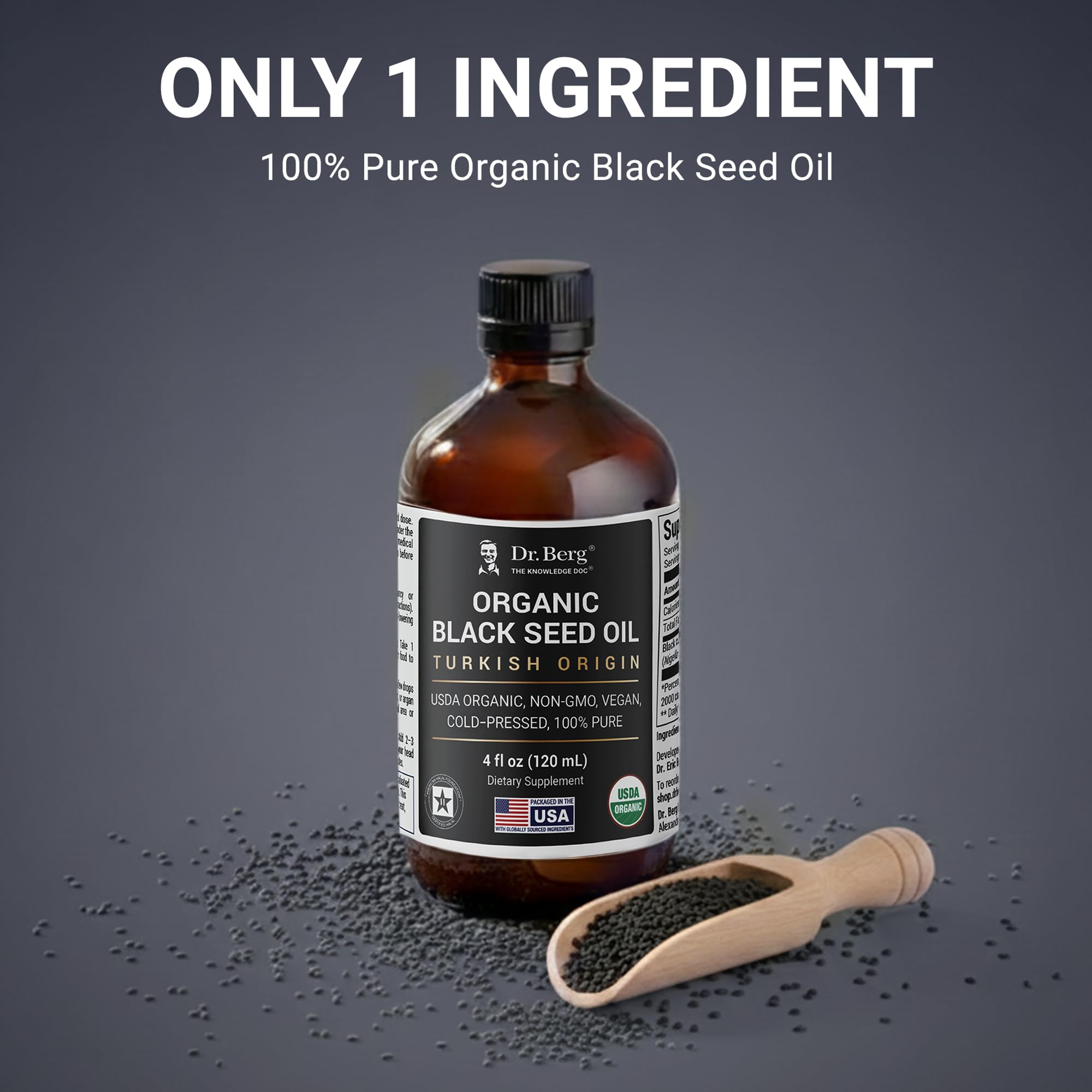 Étiquette biologique Dr. Berg huile nigelle sativa affichant la certification bio.