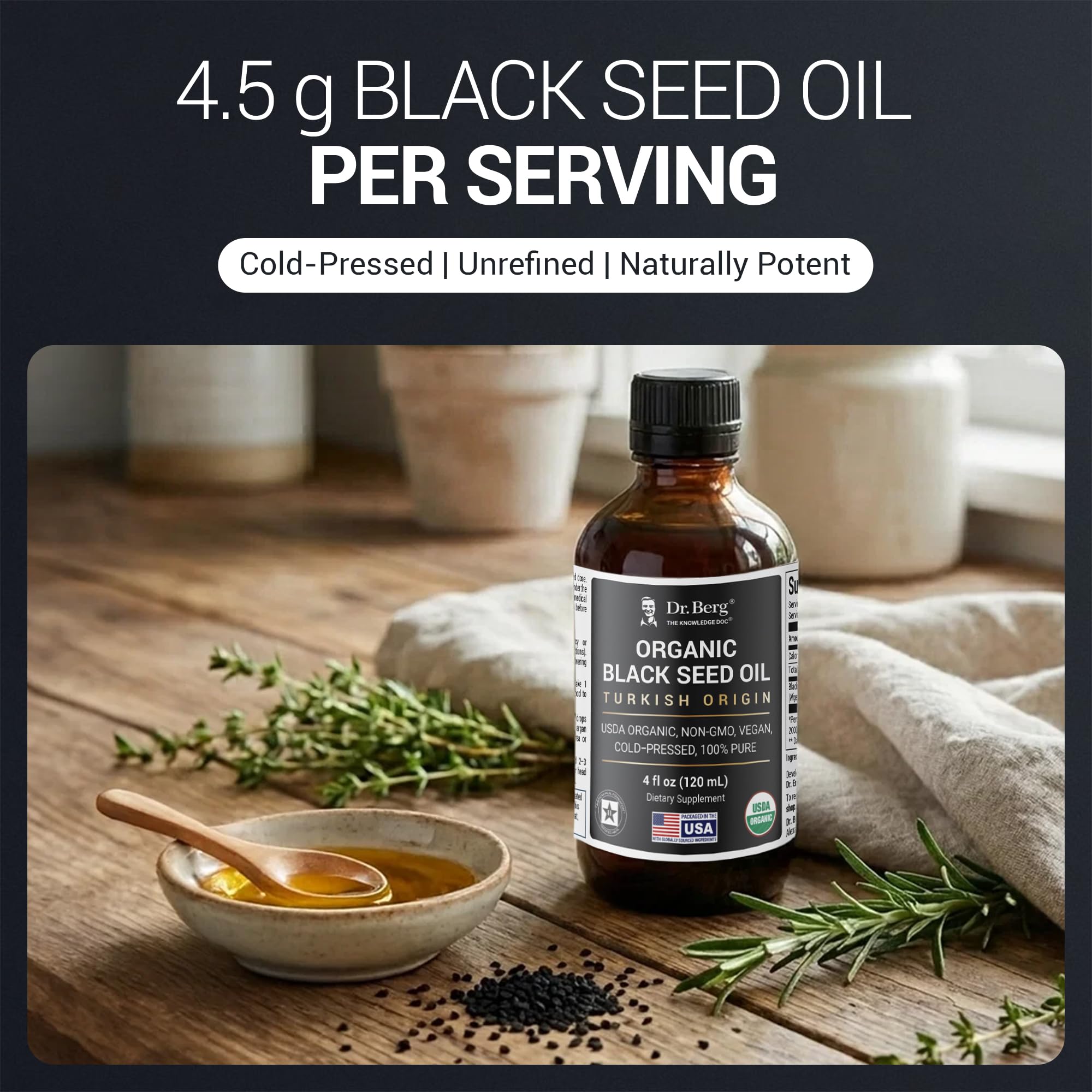 Usage quotidien de l’huile noire nigelle Dr. Berg dans une routine naturelle.