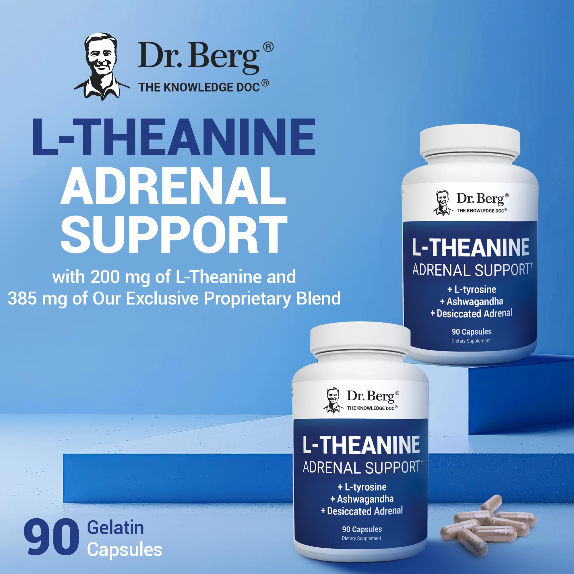 Capsules Dr. Berg L-Theanine avec L-Tyrosine et Ashwagandha pour concentration.