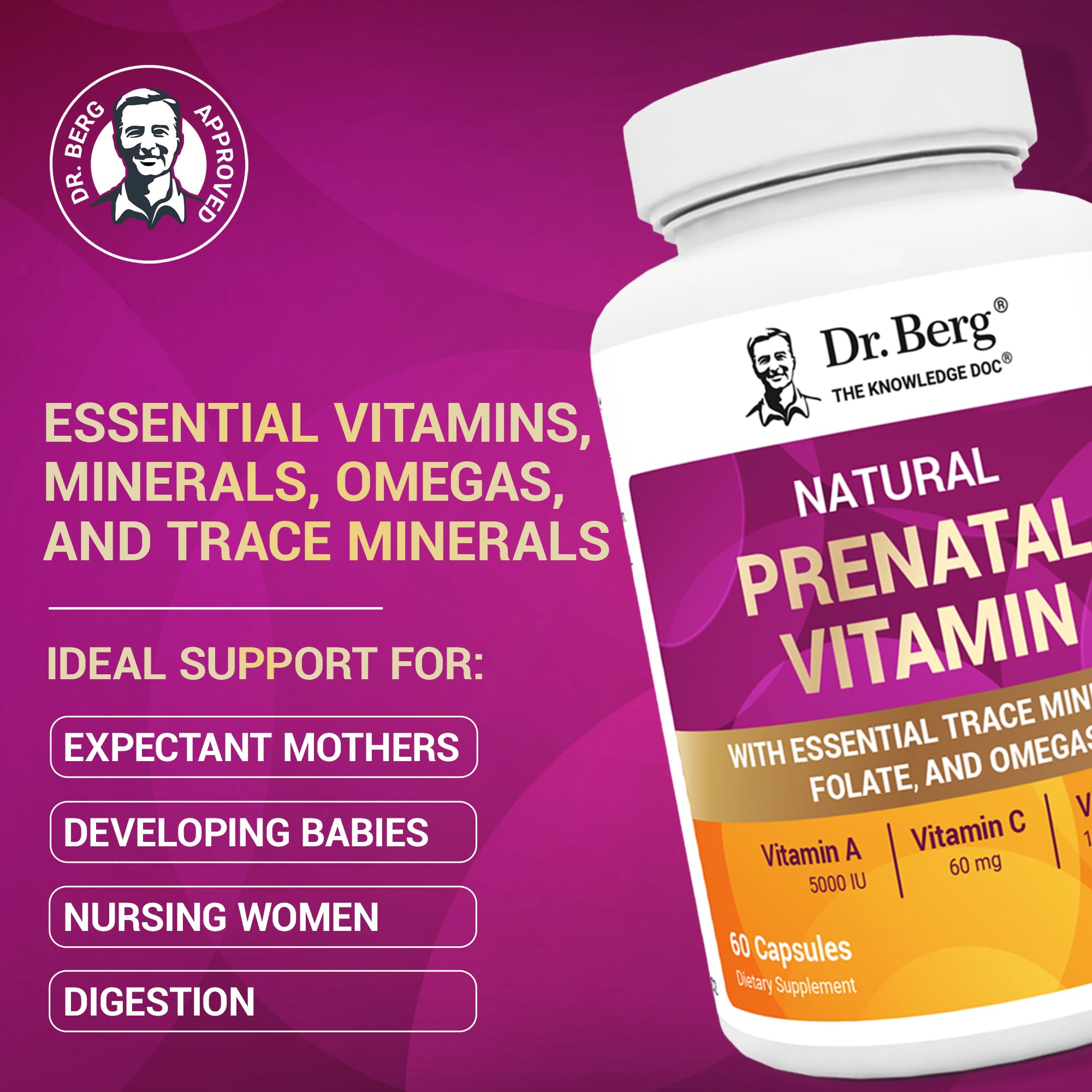 Ingrédients Dr. Berg Prenatal, vitamines et minéraux pour soutenir la grossesse.